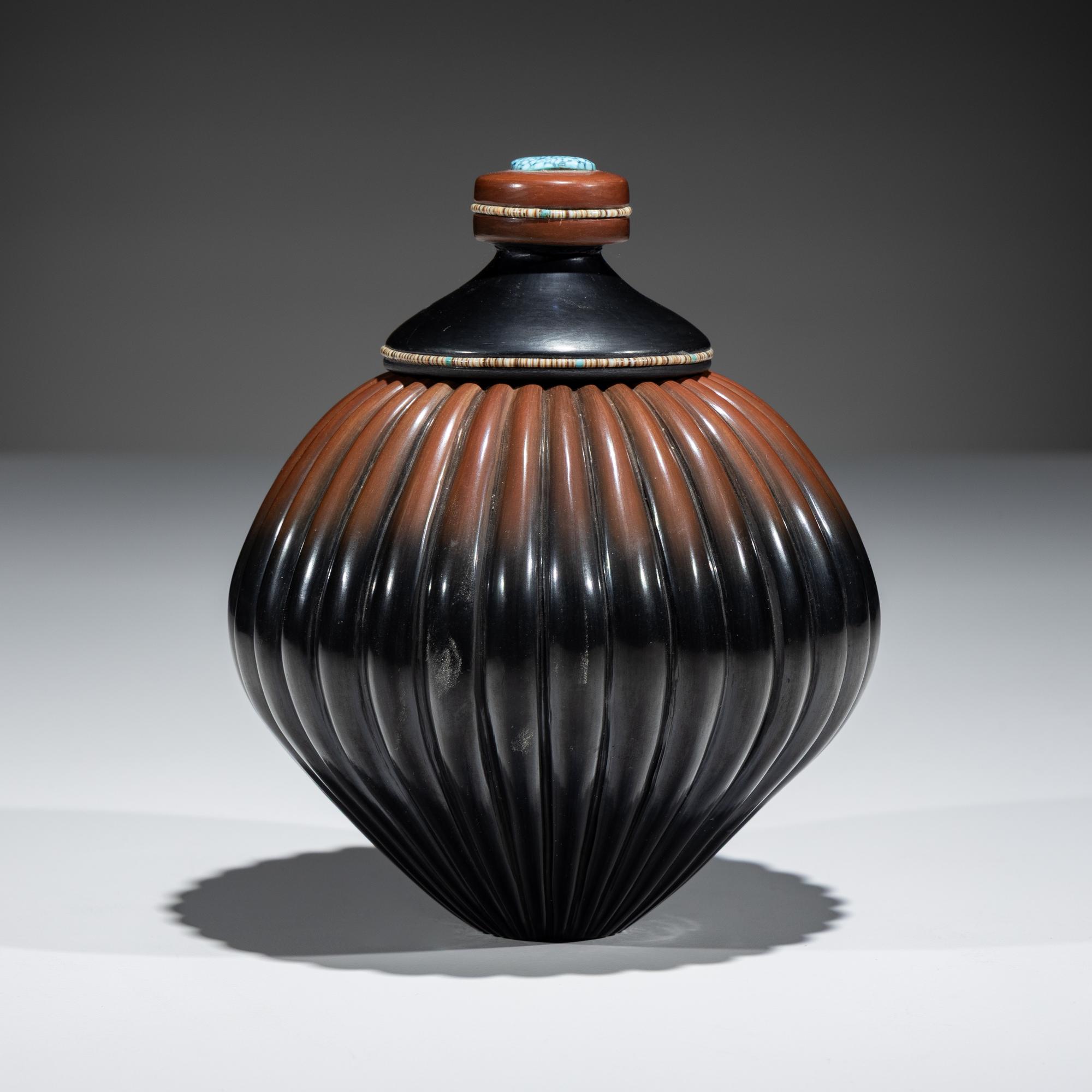 Black and Sienna Melon Jar, with Heishi and Turquoise Cabochon