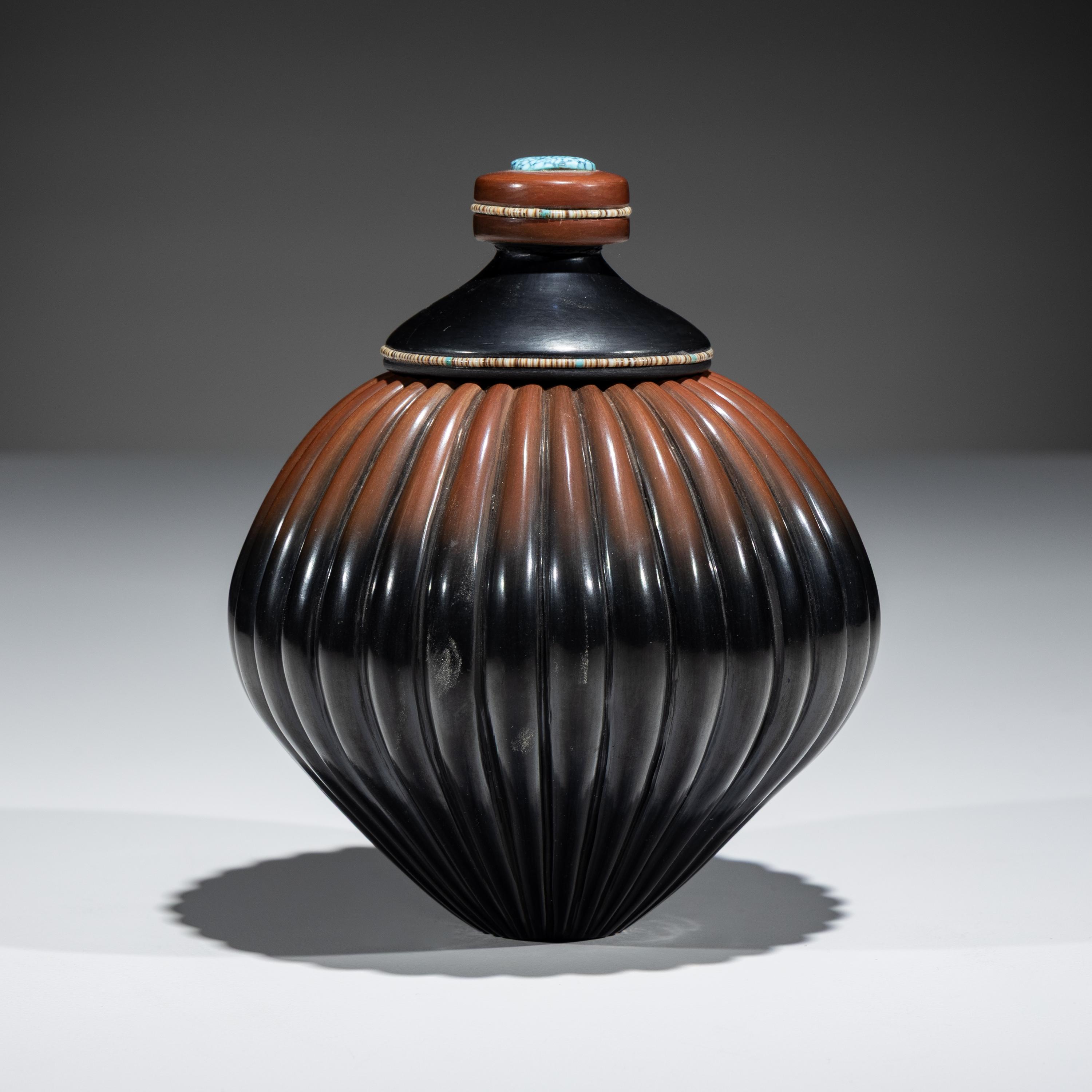 Black and Sienna Melon Jar, with Heishi and Turquoise Cabochon