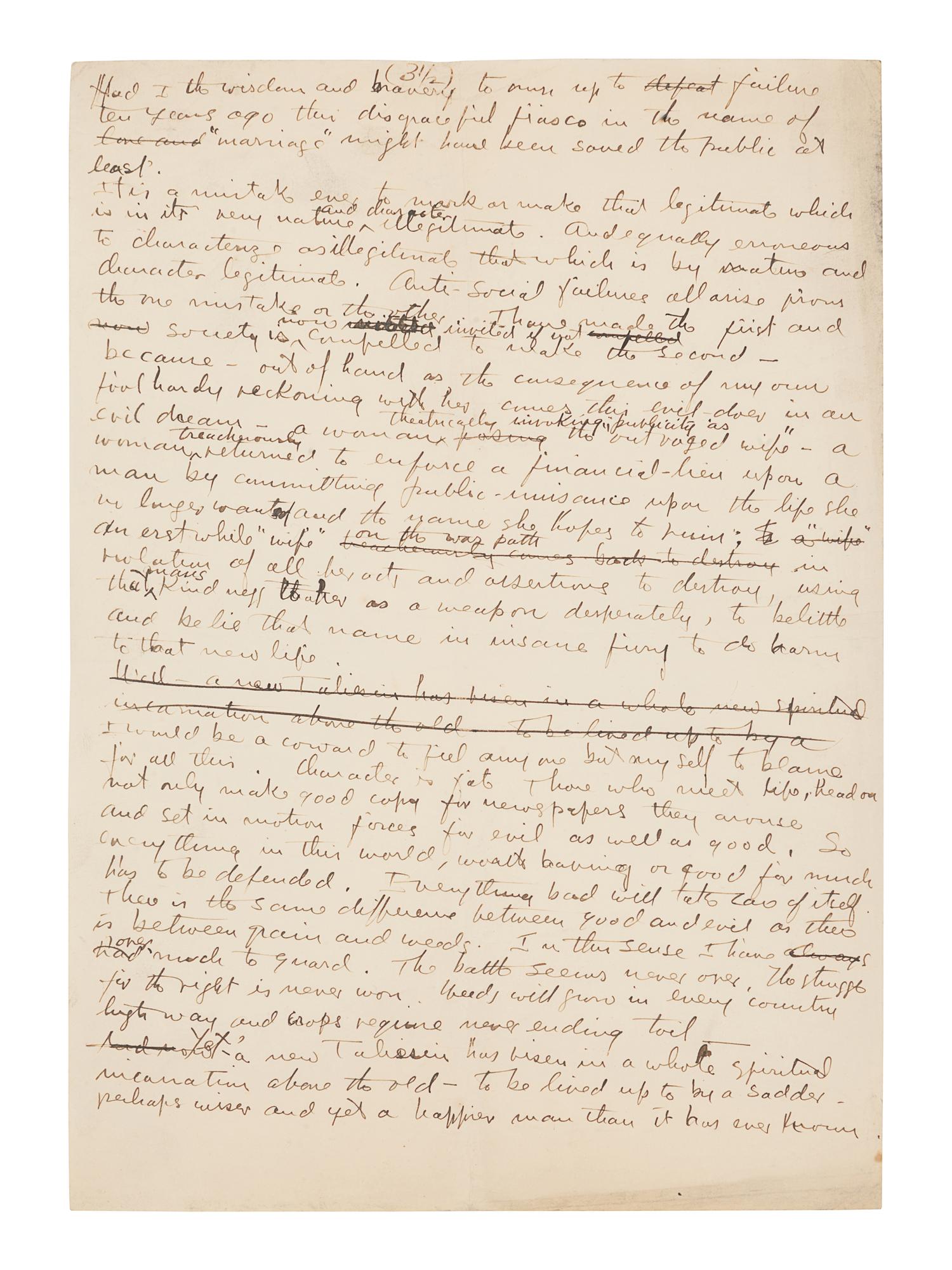WRIGHT, Frank Lloyd (1867-1959). Autograph manuscript signed ("Frank Lloyd Wright"), entitled "Taliesin III," numerous holograph emendations and corrections in ink, a few in pencil N.p. Taliesin, 8 June 1926. 5 1/2 pages, 4to, creased.