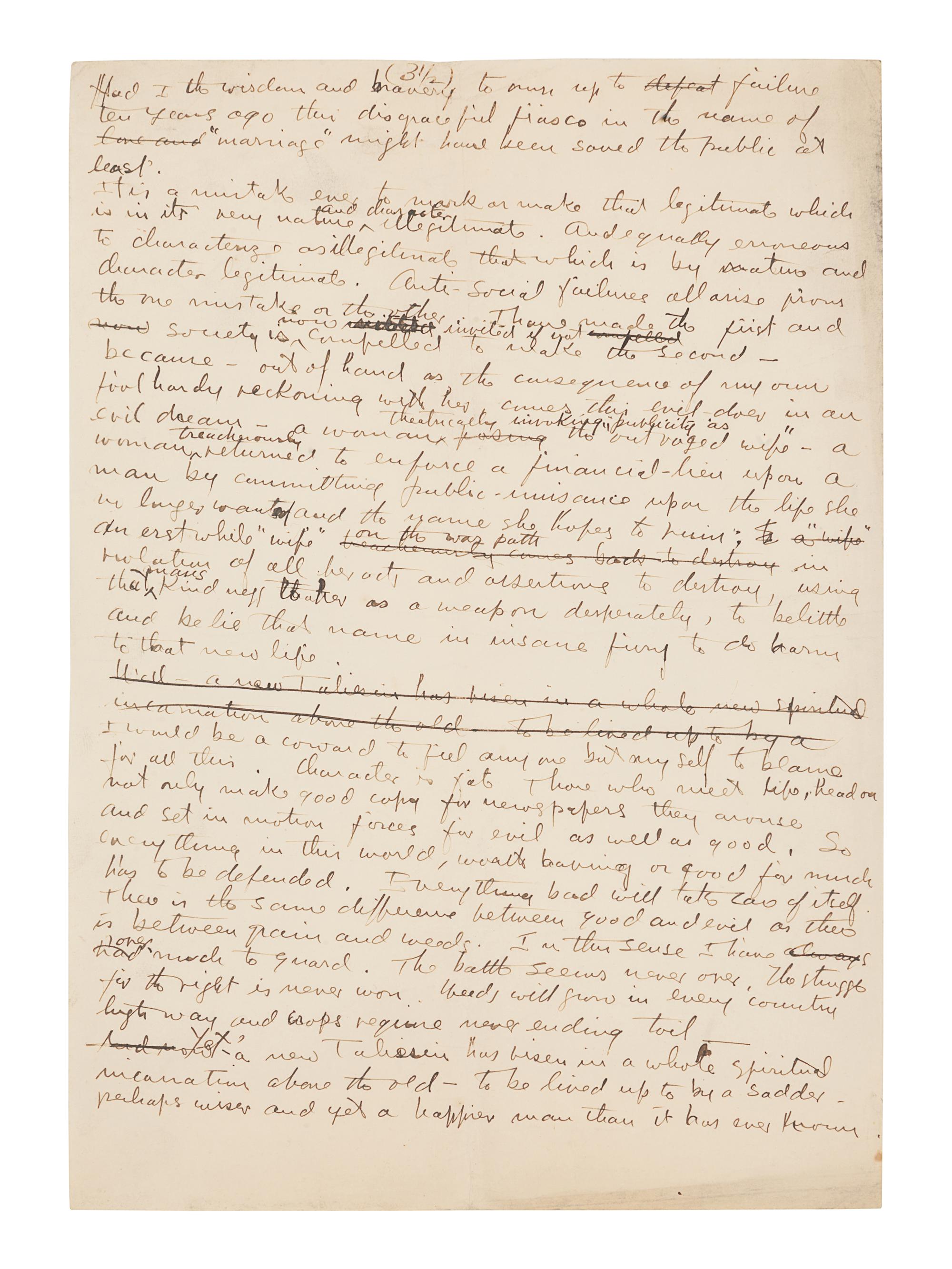 WRIGHT, Frank Lloyd (1867-1959). Autograph manuscript signed ("Frank Lloyd Wright"), entitled "Taliesin III," numerous holograph emendations and corrections in ink, a few in pencil N.p. Taliesin, 8 June 1926. 5 1/2 pages, 4to, creased.