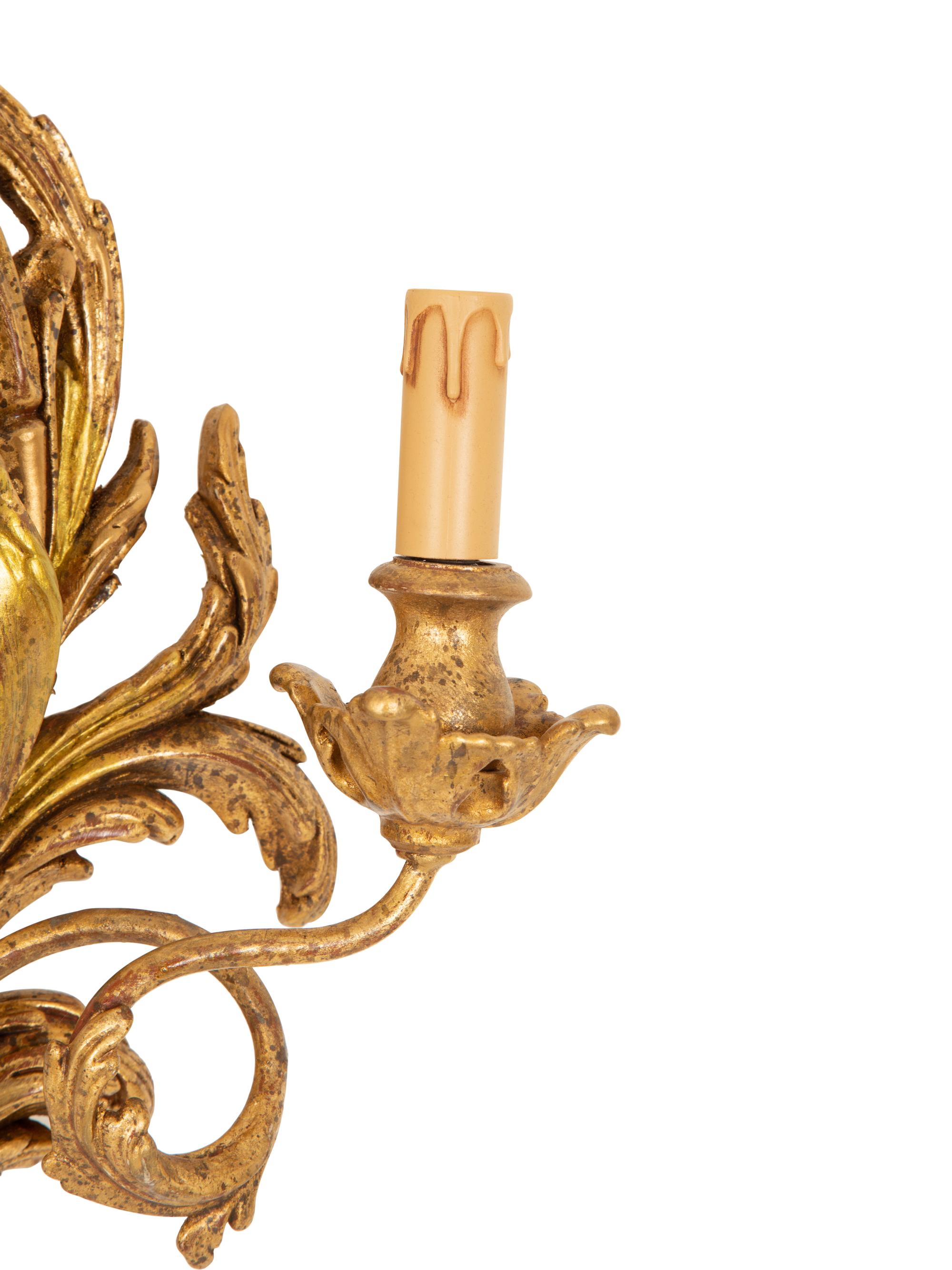 A Pair of Italian Giltwood Two Light Wall Sconces