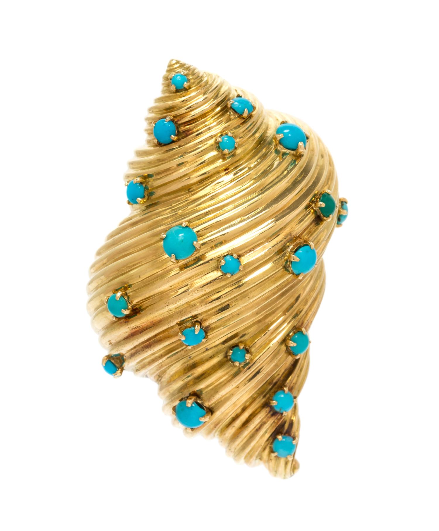 An 18 Karat Yellow Gold and Turquoise Shell Brooch, Tiffany & Co., France, 22.20 dwts.