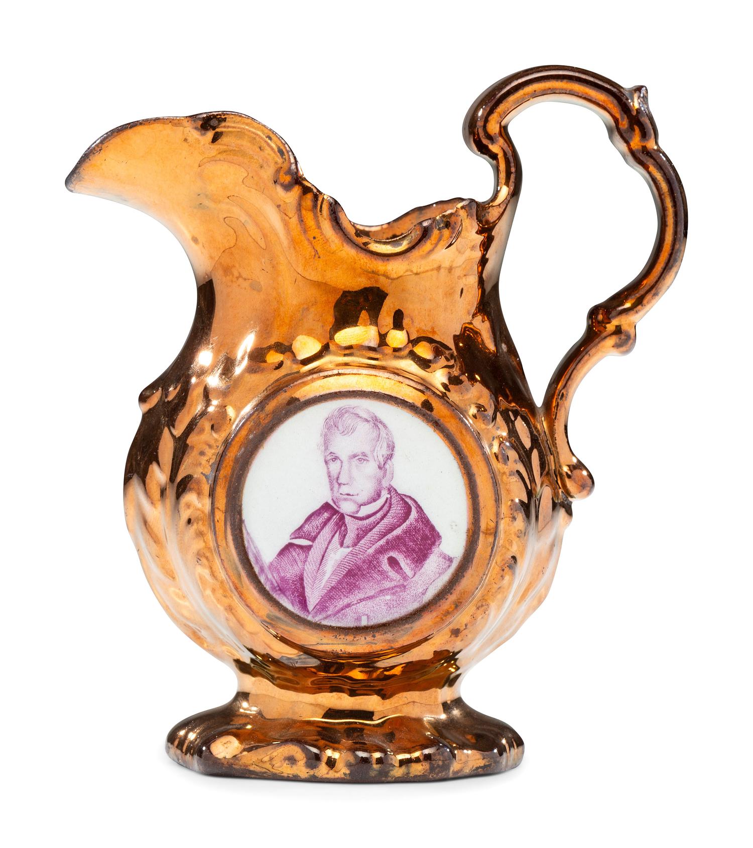 A Staffordshire Transfer-Printed Copper Lustre 'William Henry Harrison' Cream Pitcher