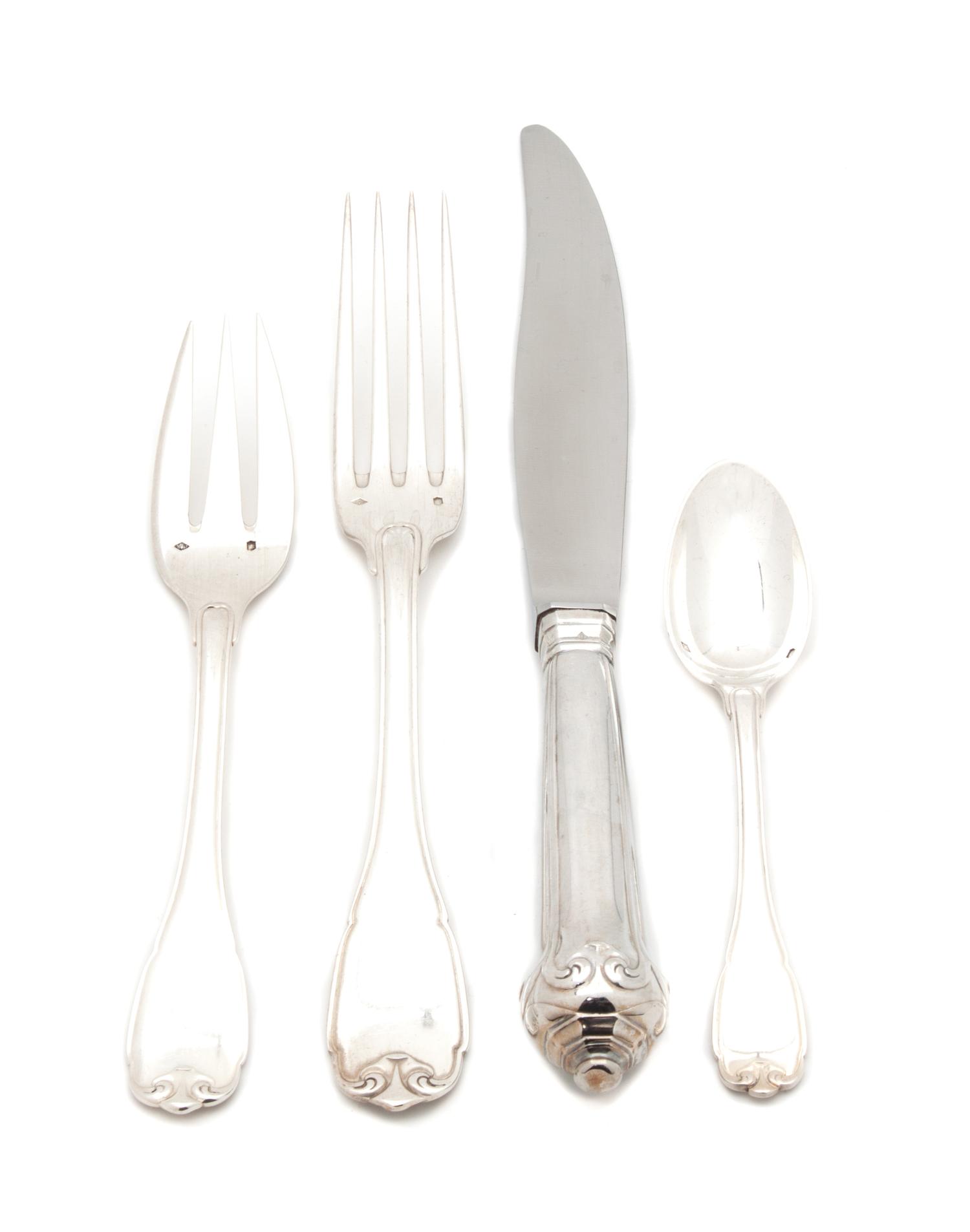 A Silver Flatware Service, Puiforcat, Paris, France, Vauban pattern, comprising: 9 dinner forks 9 salad forks 9 dinner knives 8 teaspoo