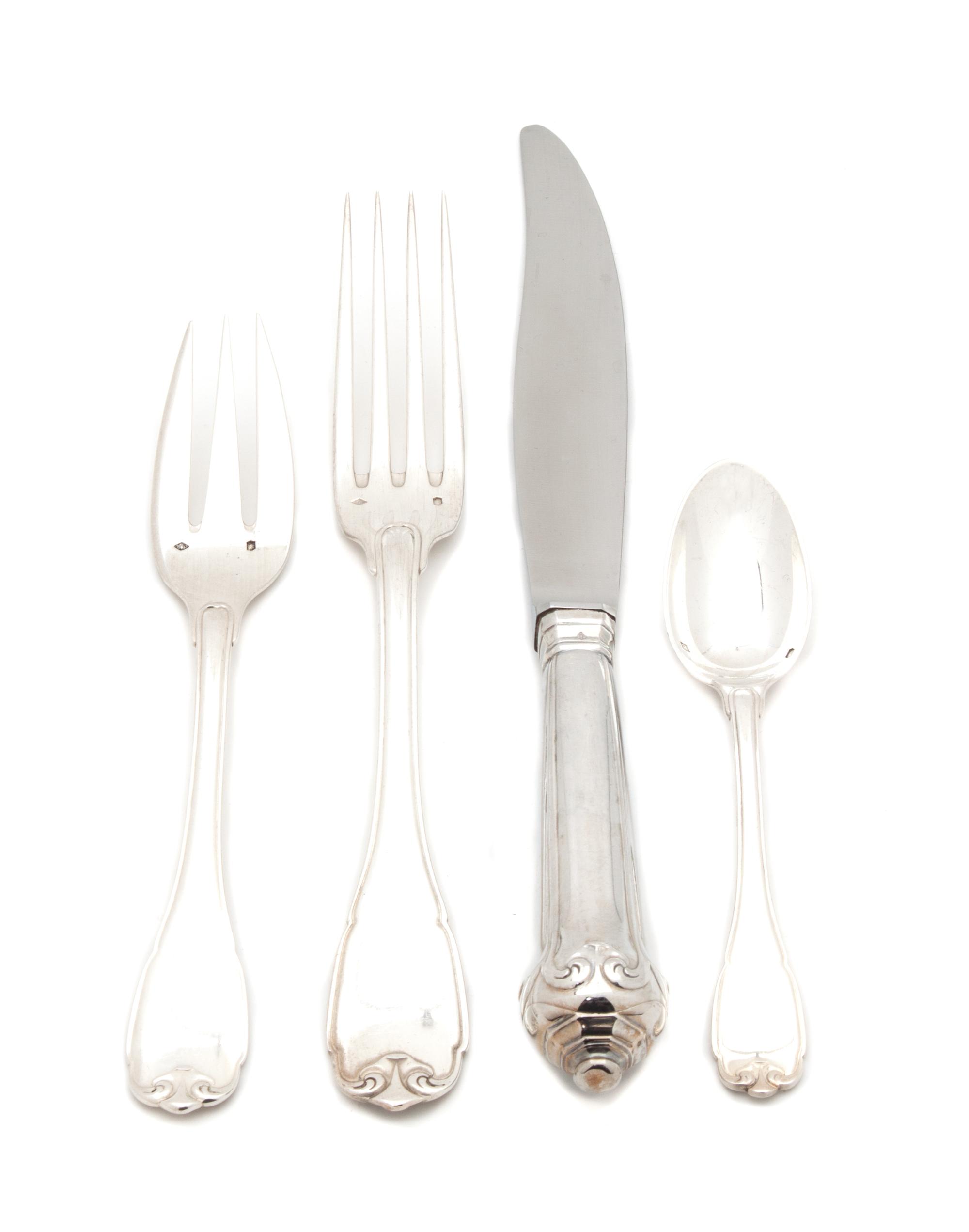 A Silver Flatware Service, Puiforcat, Paris, France, Vauban pattern, comprising: 9 dinner forks 9 salad forks 9 dinner knives 8 teaspoo