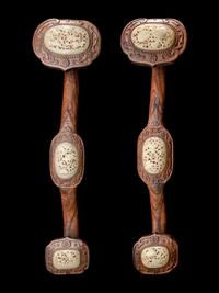 A Pair of Celadon Jade Inset Wood Ruyi Scepters