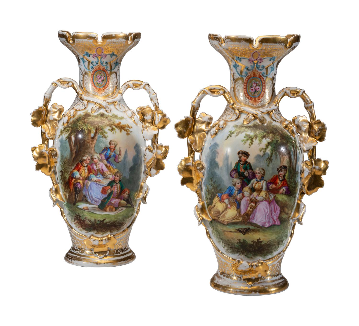 A Pair of Old Paris Porcelain Vases with Courtship Scenes