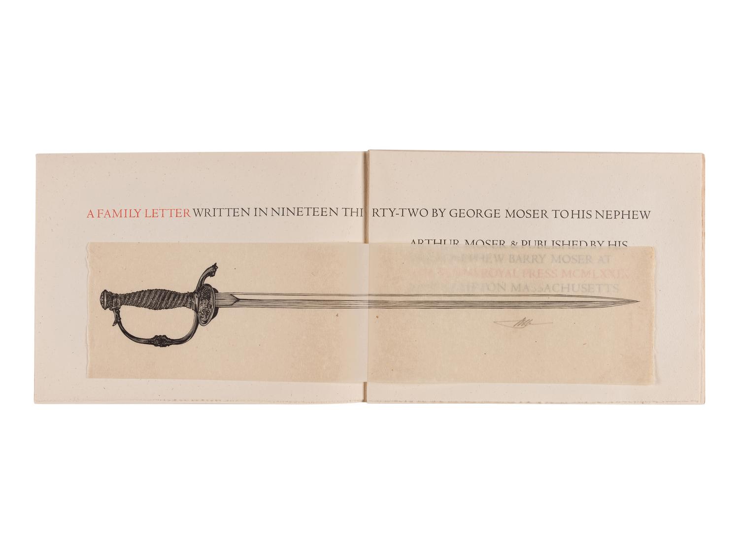 [MOSER, Barry, illustrator]. MOSER, George. A Family Letter Written… to His Nephew Arthur Moser & Published by His Great-Nephew Barry Moser… Easthampton, MA: Pennyroyal Press, 1979.