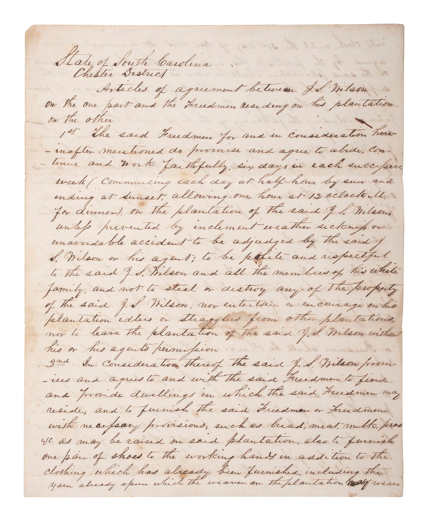 [SLAVERY & ABOLITION] -- [RECONSTRUCTION]. Labor contracts, "Rules & Regulations," and other documents associated with freedmen working on the South Carolina plantation of John S. Wilson, 1865-1868.