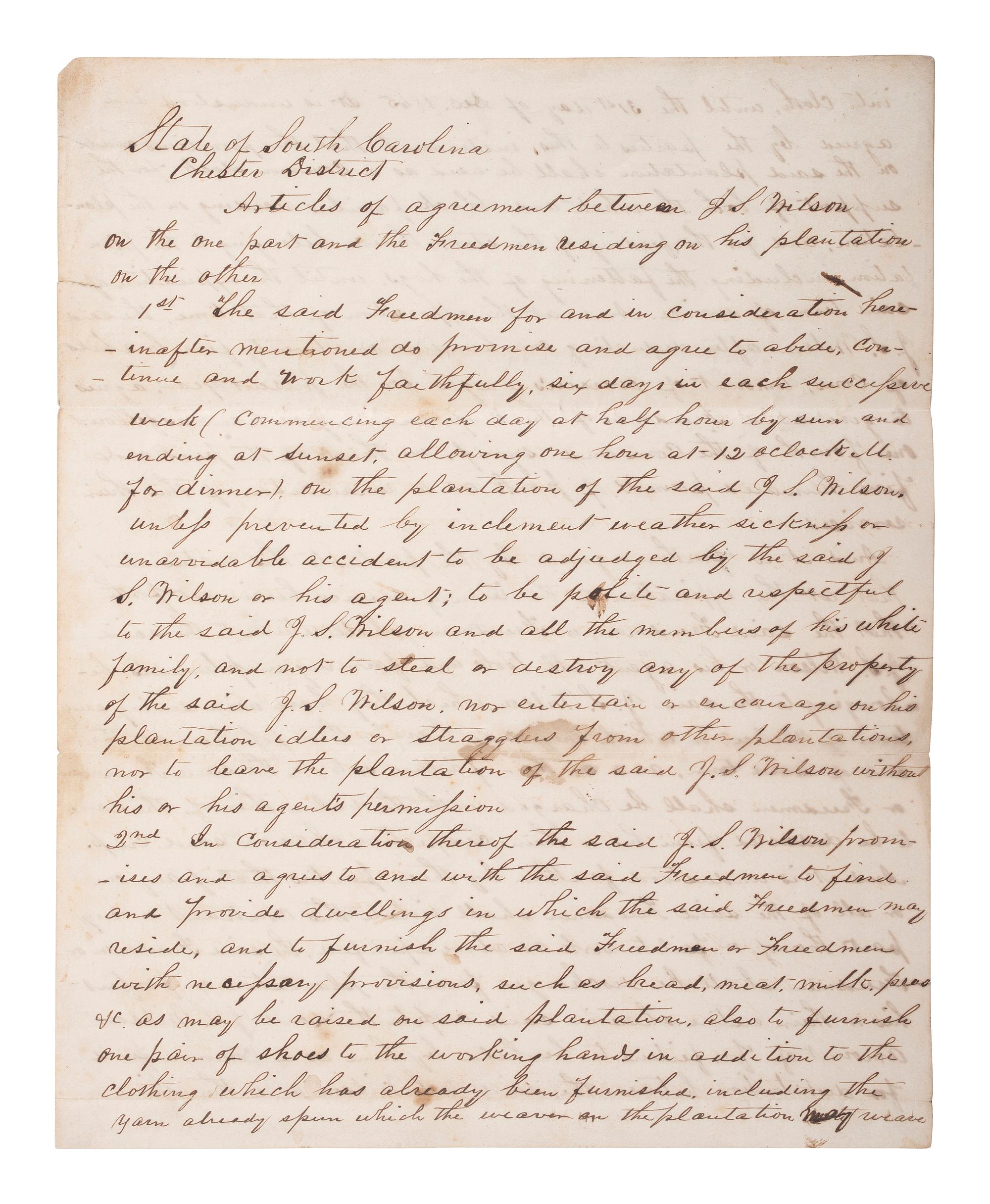 [SLAVERY & ABOLITION] -- [RECONSTRUCTION]. Labor contracts, "Rules & Regulations," and other documents associated with freedmen working on the South Carolina plantation of John S. Wilson, 1865-1868.