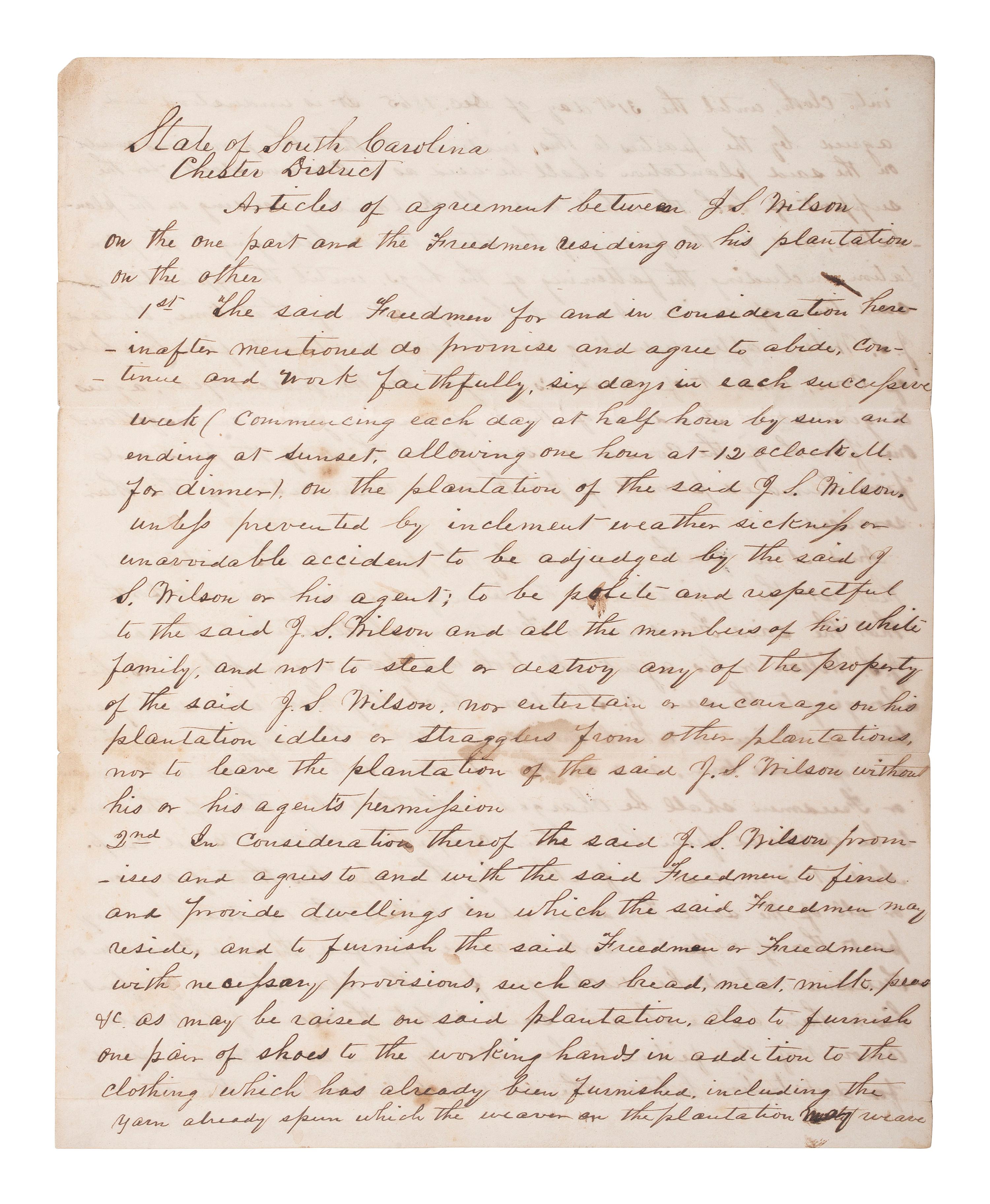 [SLAVERY & ABOLITION] -- [RECONSTRUCTION]. Labor contracts, "Rules & Regulations," and other documents associated with freedmen working on the South Carolina plantation of John S. Wilson, 1865-1868.