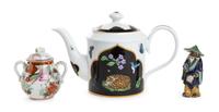 A Group of Three Porcelain and Ceramic Articles Height of teapot 7 1/8 inches.