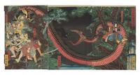Utagawa Yoshitsuya (Japanese, 1822-1866), Yorimitsu Tries to Capture Hakamadare by Destroying His Magic, 1858
