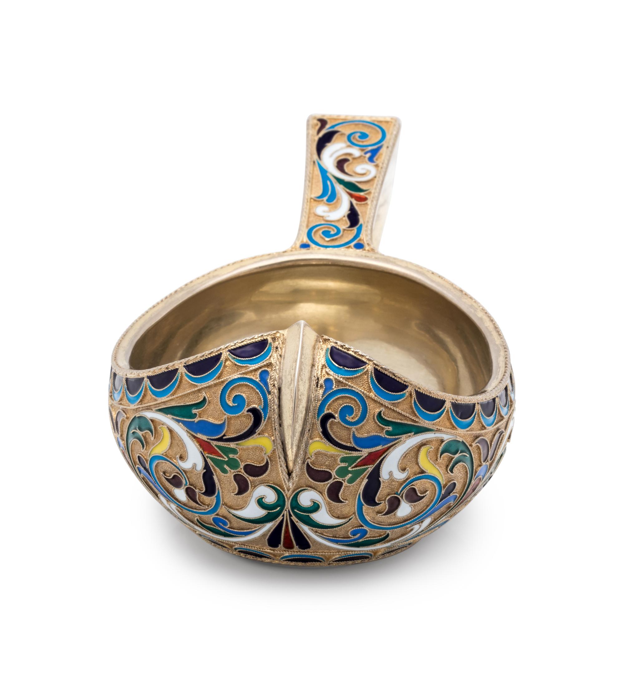 A Russian Silver-Gilt and Enamel Kovsh