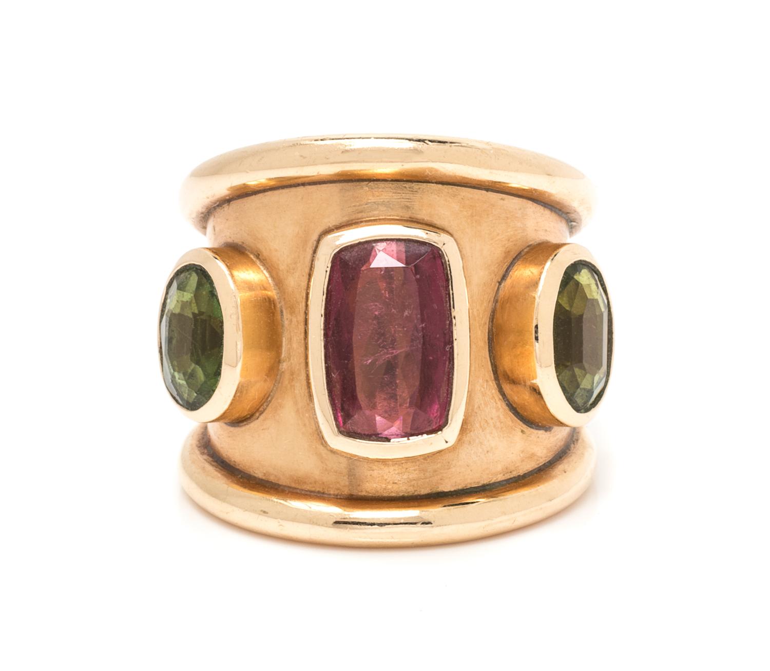 A 14 Karat Yellow Gold, Pink Tourmaline and Peridot Ring, M+J Savitt,