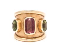 A 14 Karat Yellow Gold, Pink Tourmaline and Peridot Ring, M+J Savitt,