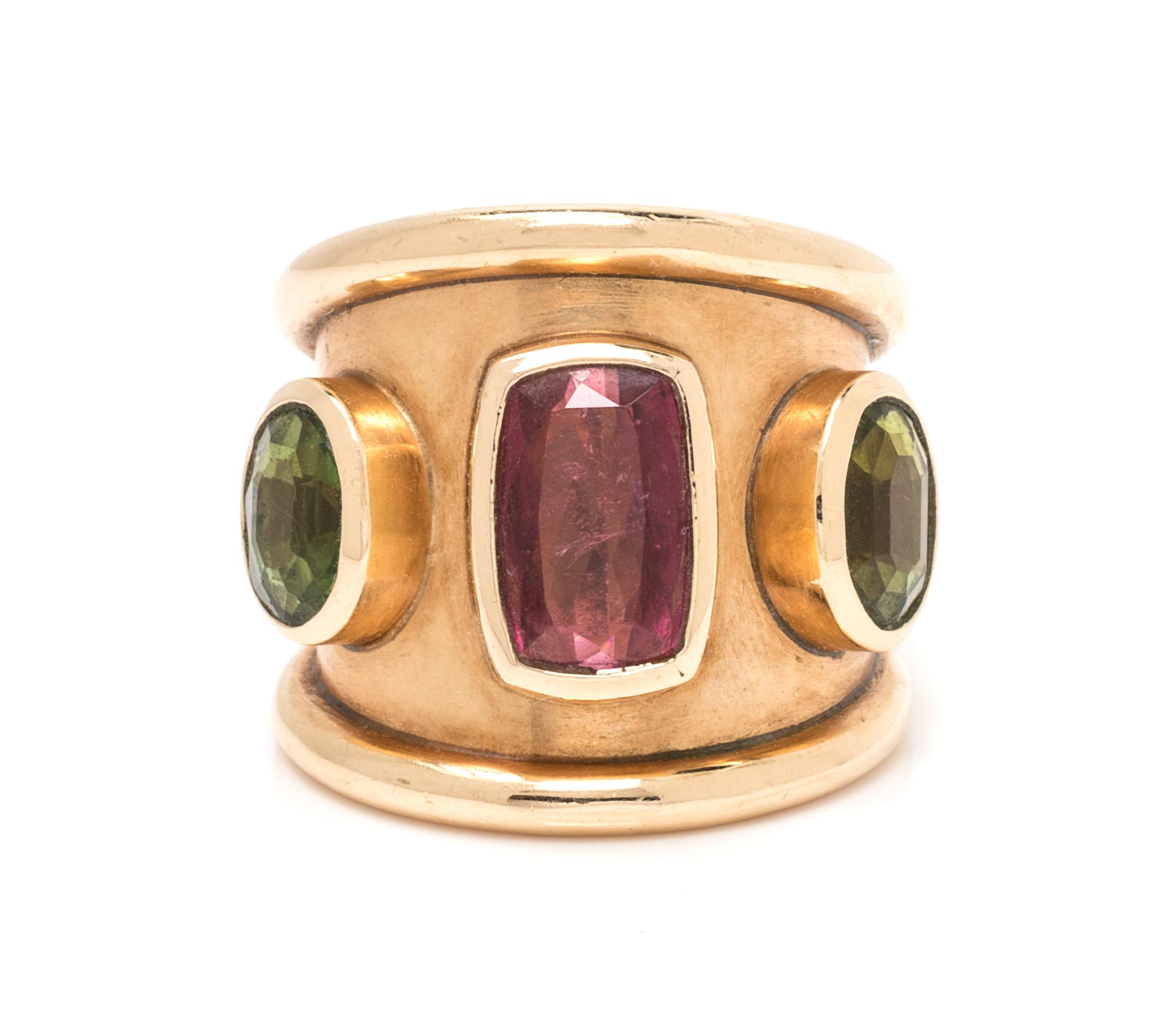 A 14 Karat Yellow Gold, Pink Tourmaline and Peridot Ring, M+J Savitt,