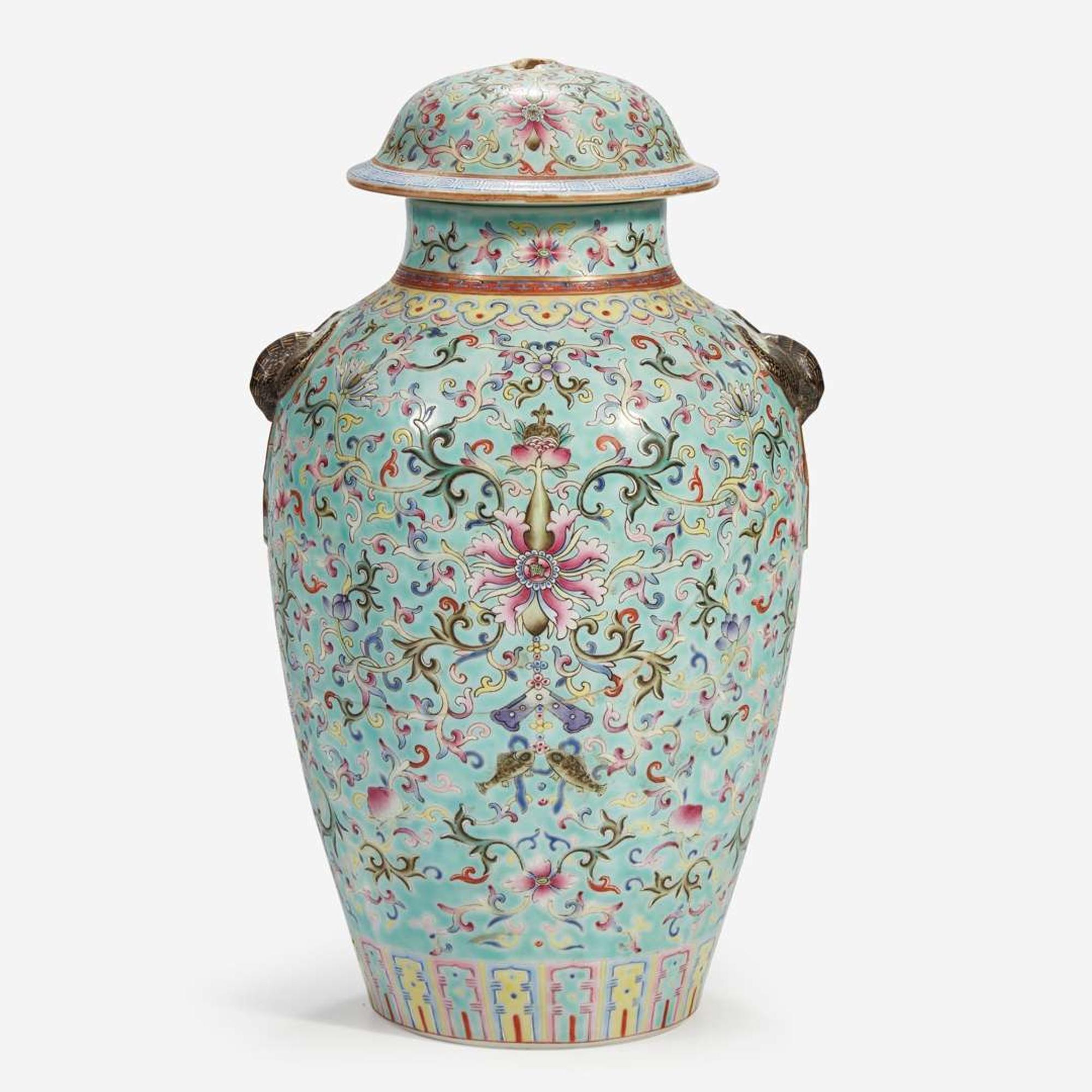 A Chinese enameled porcelain vase with cover Apocryphal Qianlong seal mark