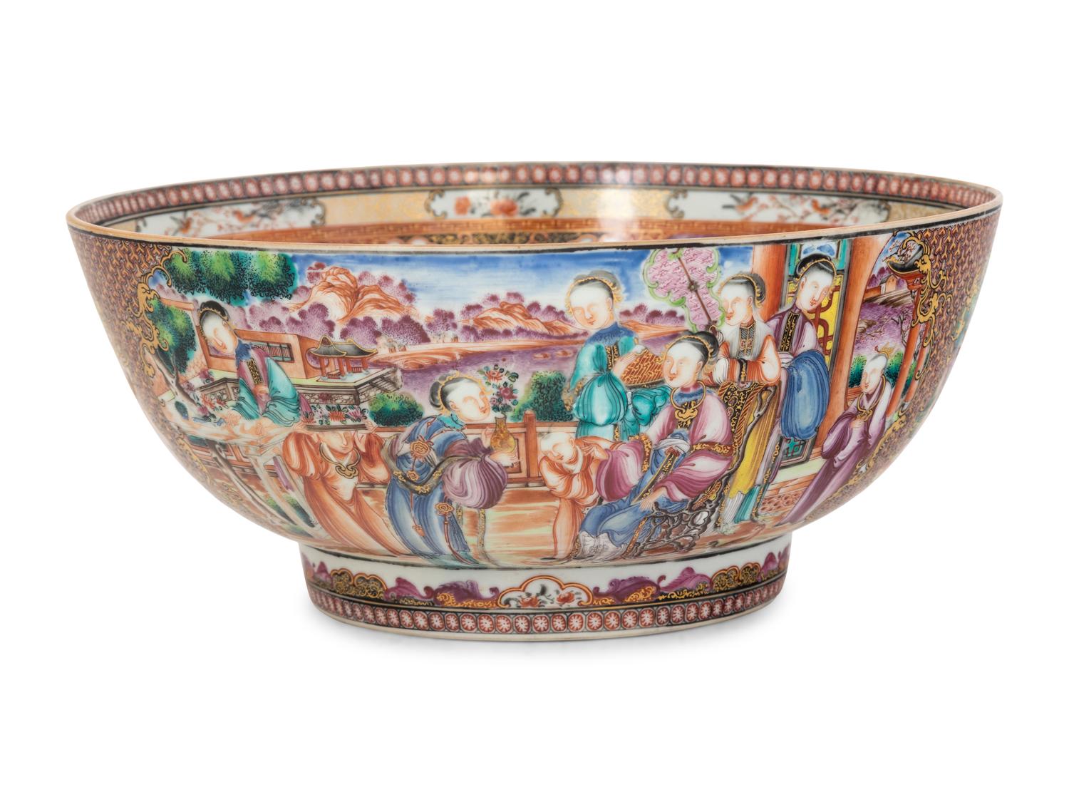 A Chinese Export Mandarin Palette Porcelain Punch Bowl