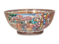A Chinese Export Mandarin Palette Porcelain Punch Bowl