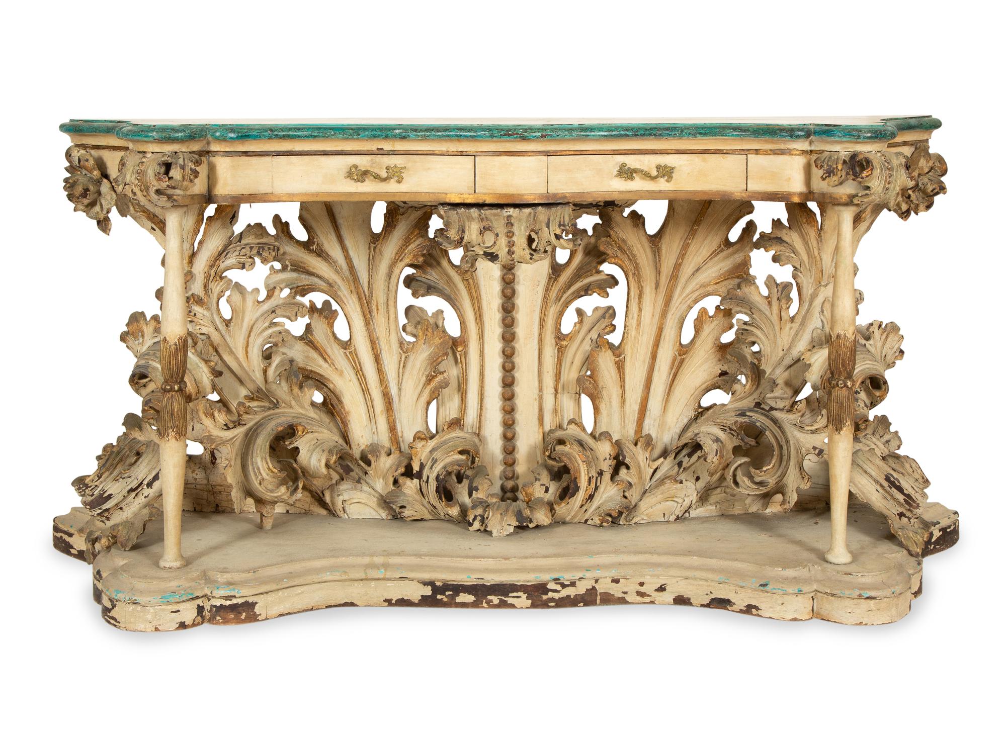 An Italian Cream and Green-Painted and Parcel Gilt Console Table