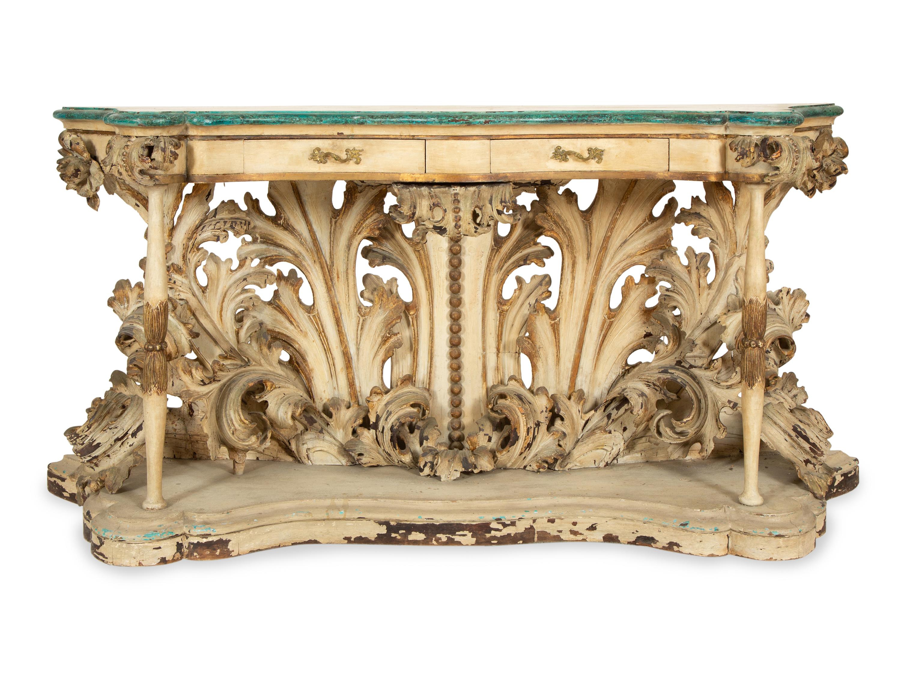 An Italian Cream and Green-Painted and Parcel Gilt Console Table