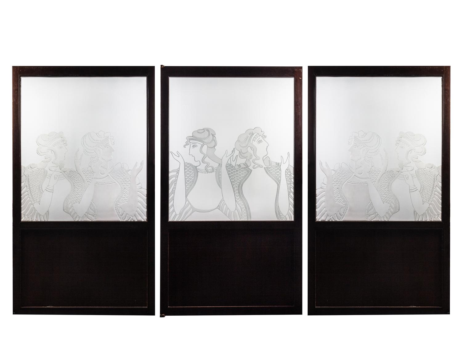 A Set of Three Solid Mahogany Doors with Glass Panels Depicting Minoan 'Ladies in Blue' from the Knossos Frescoes