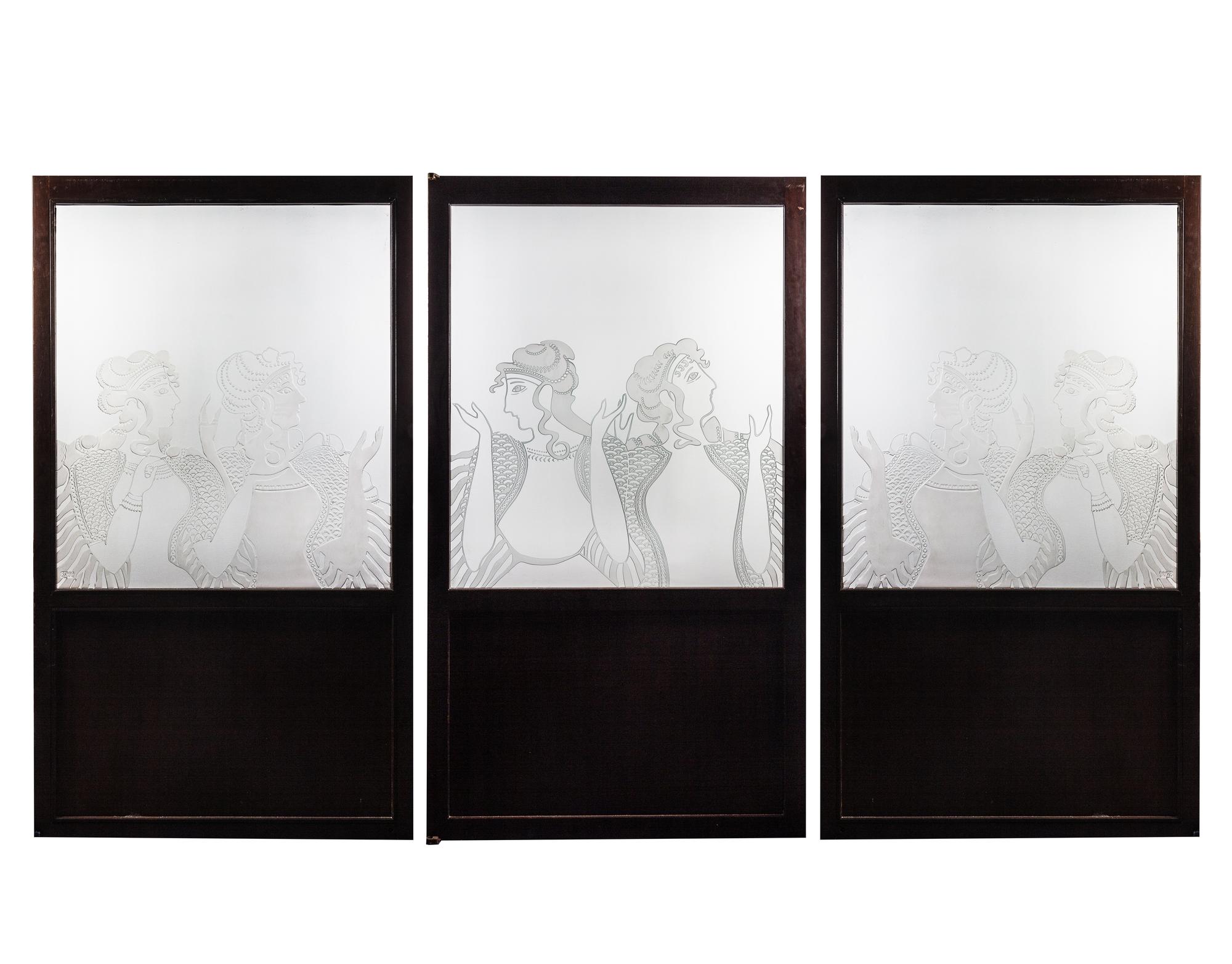 A Set of Three Solid Mahogany Doors with Glass Panels Depicting Minoan 'Ladies in Blue' from the Knossos Frescoes