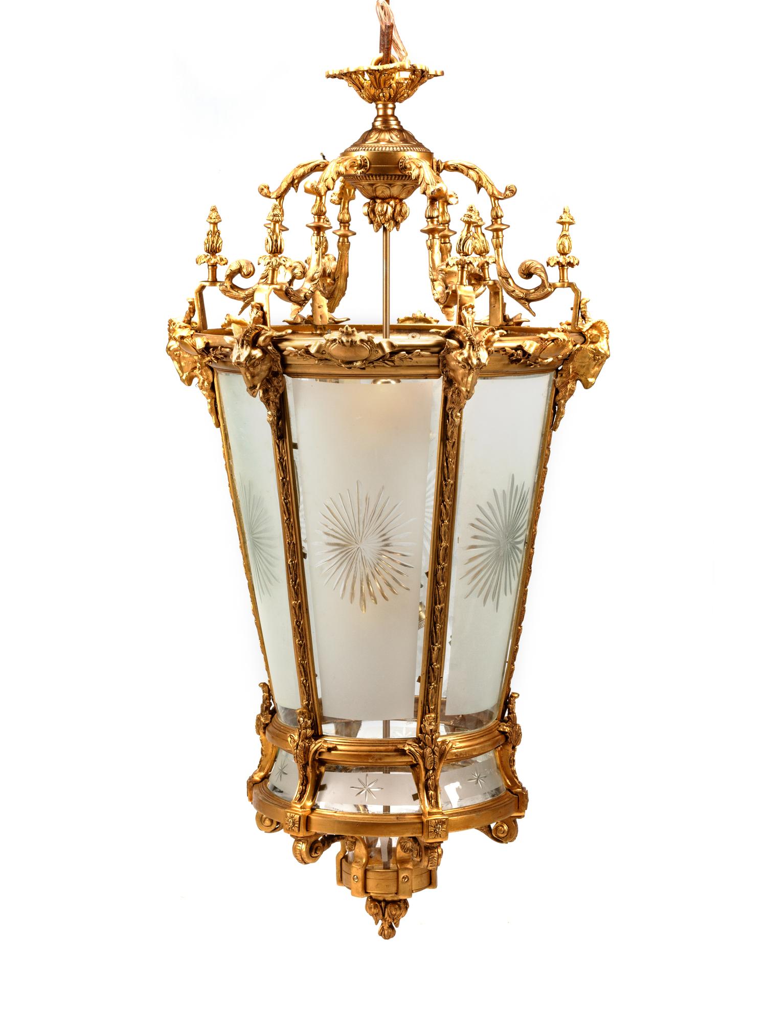 A Large Neoclassical Style Gilt Bronze and Etched Glass Hall Lantern