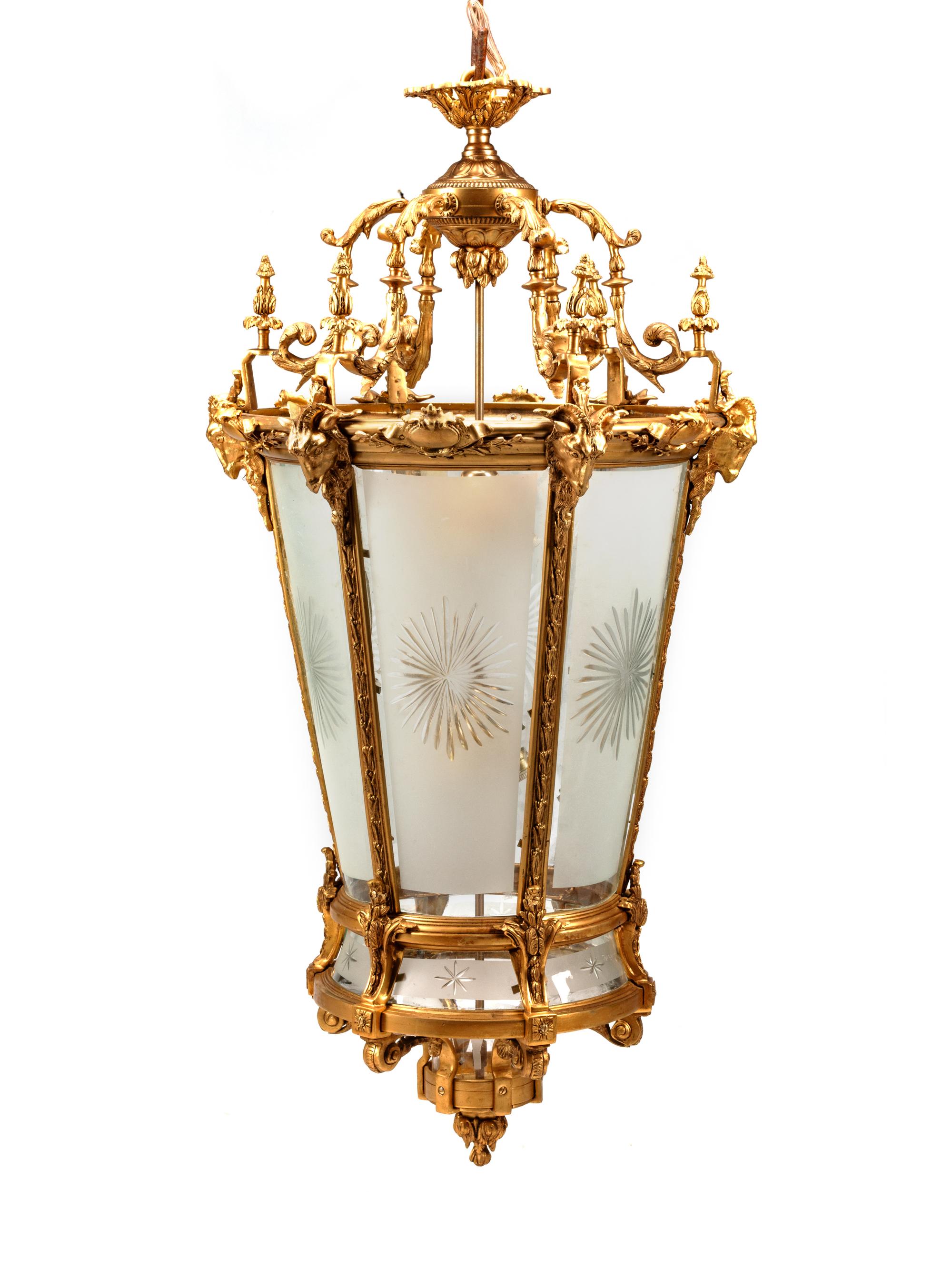 A Large Neoclassical Style Gilt Bronze and Etched Glass Hall Lantern