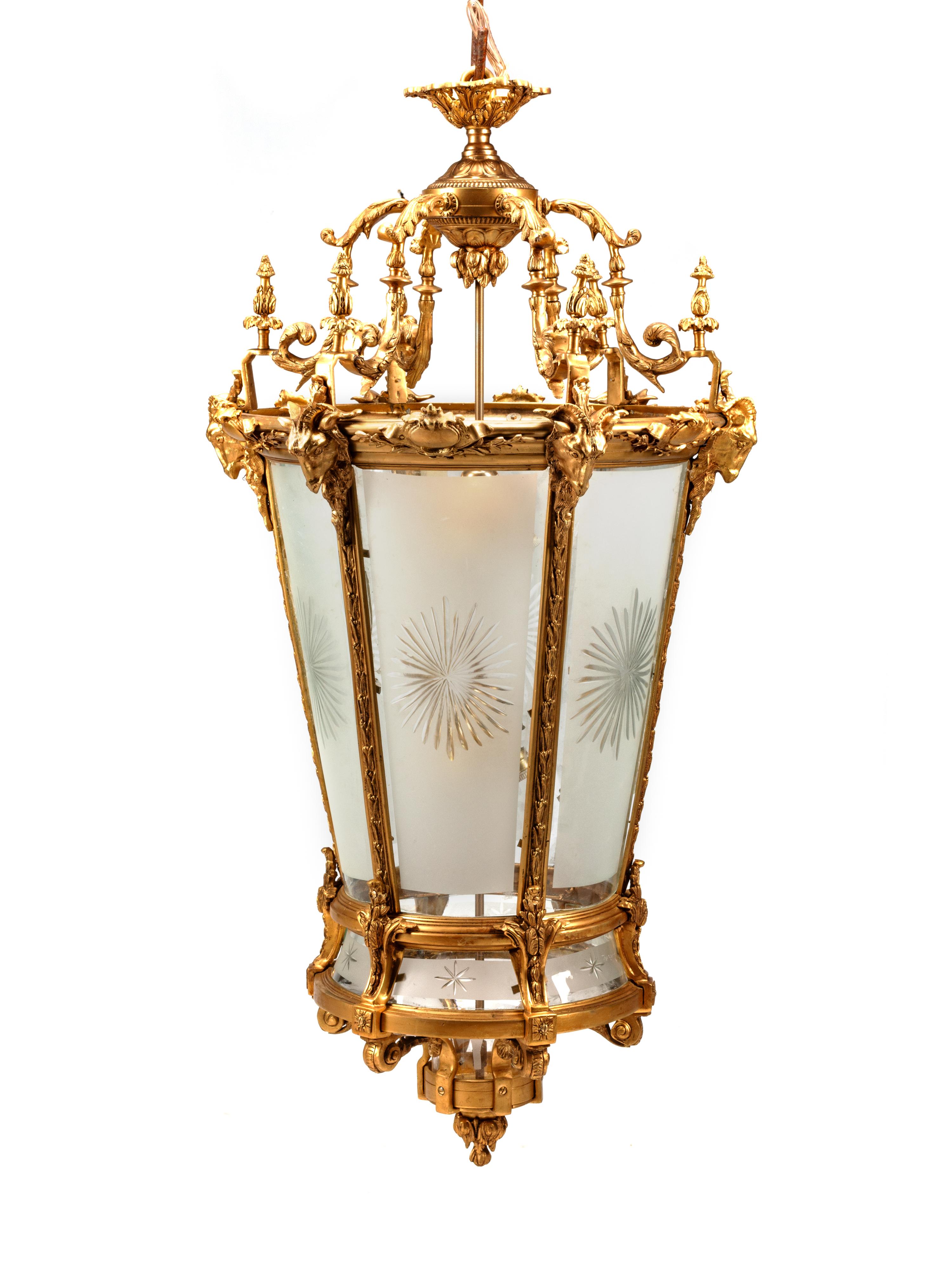 A Large Neoclassical Style Gilt Bronze and Etched Glass Hall Lantern