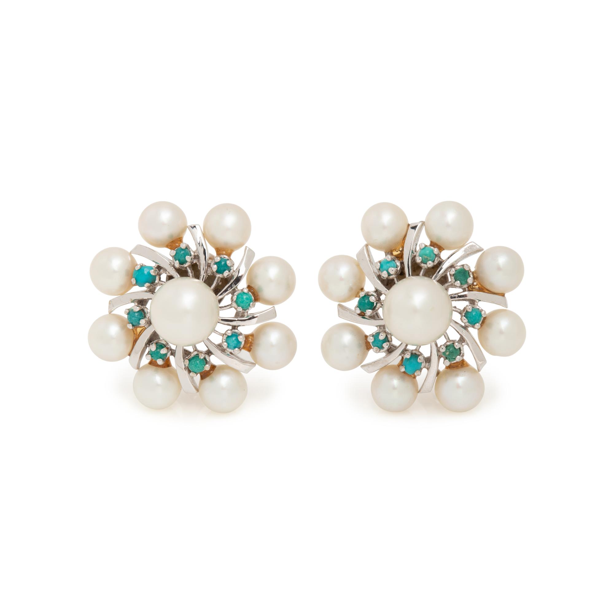 CULTURED PEARL AND TURQUOISE EARCLIPS