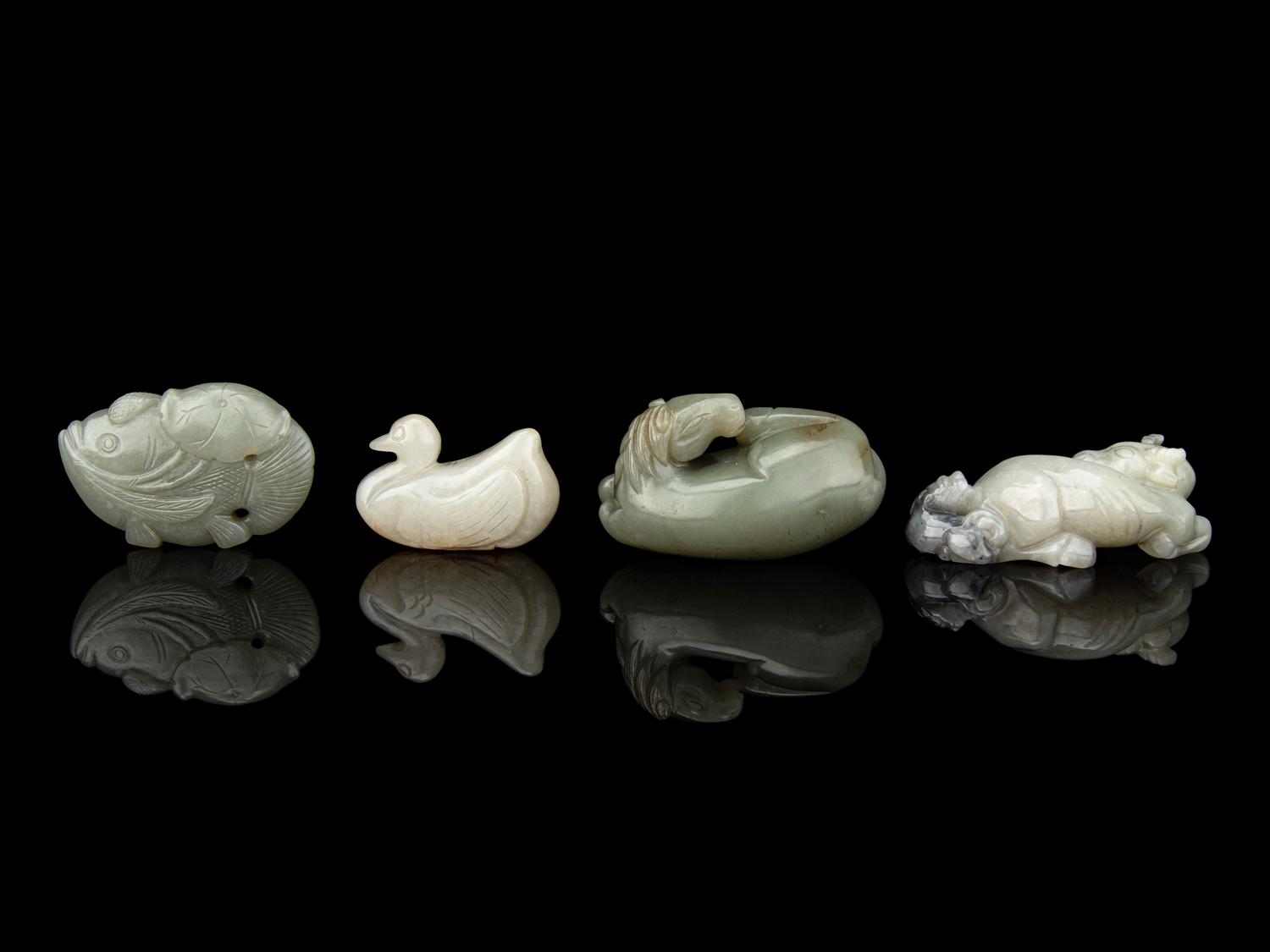 Four Chinese Carved Celadon Jade Figures of Animals