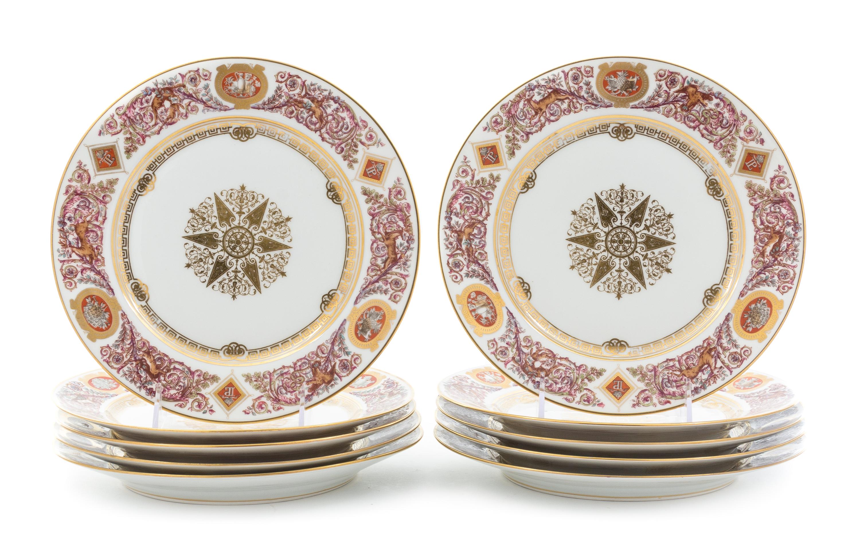 A Set of Ten Sevres Style Porcelain Plates Diameter 9 3/4 inches.