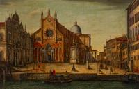 Venetian School, late 19th Century — The Church of San Giovanni e Paolo, Venice, with elegant figures promenading