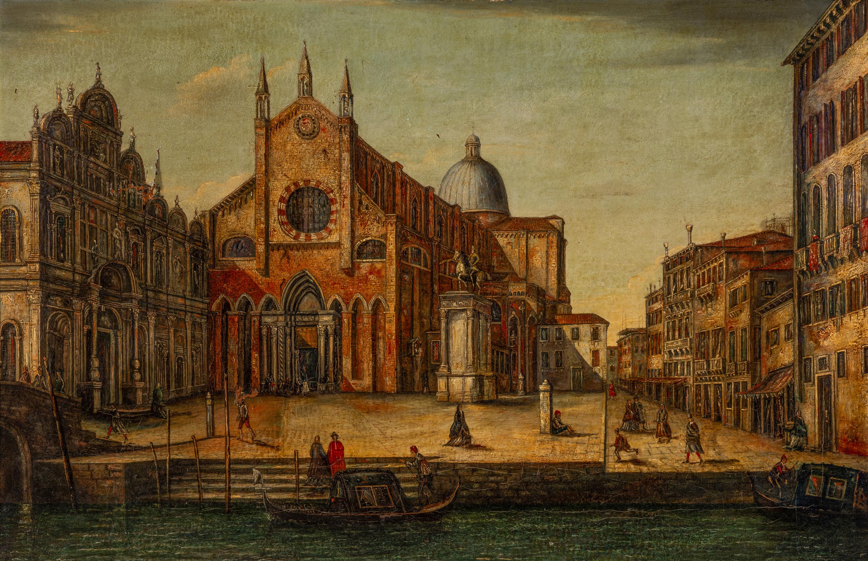 Venetian School, late 19th Century — The Church of San Giovanni e Paolo, Venice, with elegant figures promenading