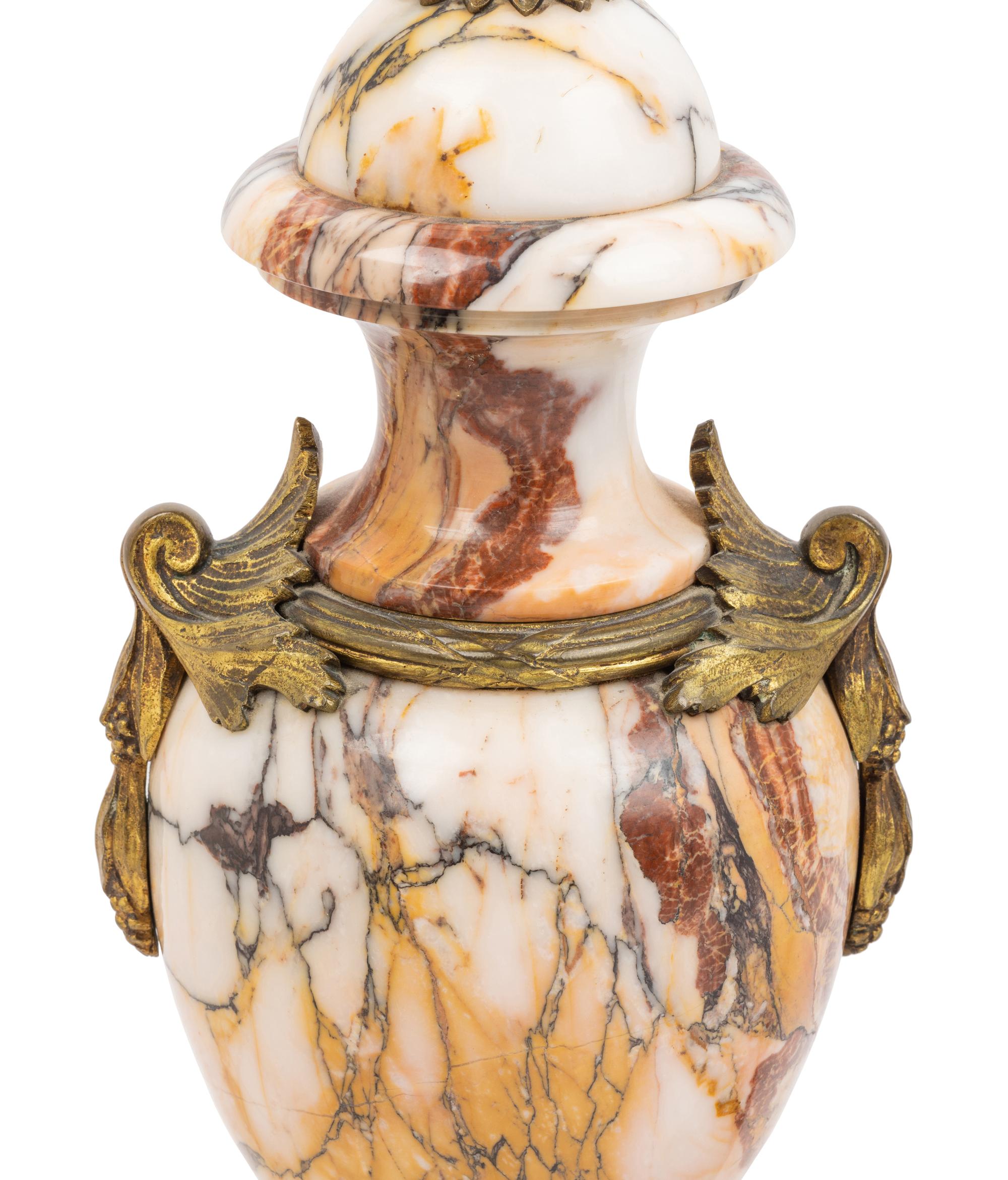 A French Gilt Bronze Mounted Marble Urn and a French Gilt Metal Mounted Cut Glass Vase, Both Mounted as Lamps