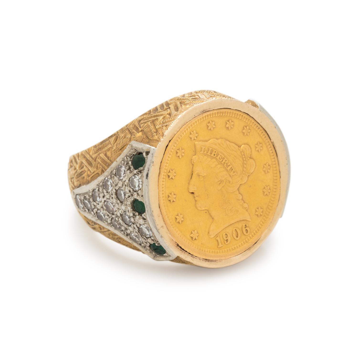 BICOLOR GOLD, US $2.50 LIBERTY COIN, DIAMOND AND EMERALD RING