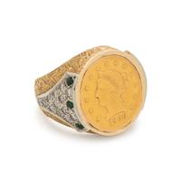 BICOLOR GOLD, US $2.50 LIBERTY COIN, DIAMOND AND EMERALD RING