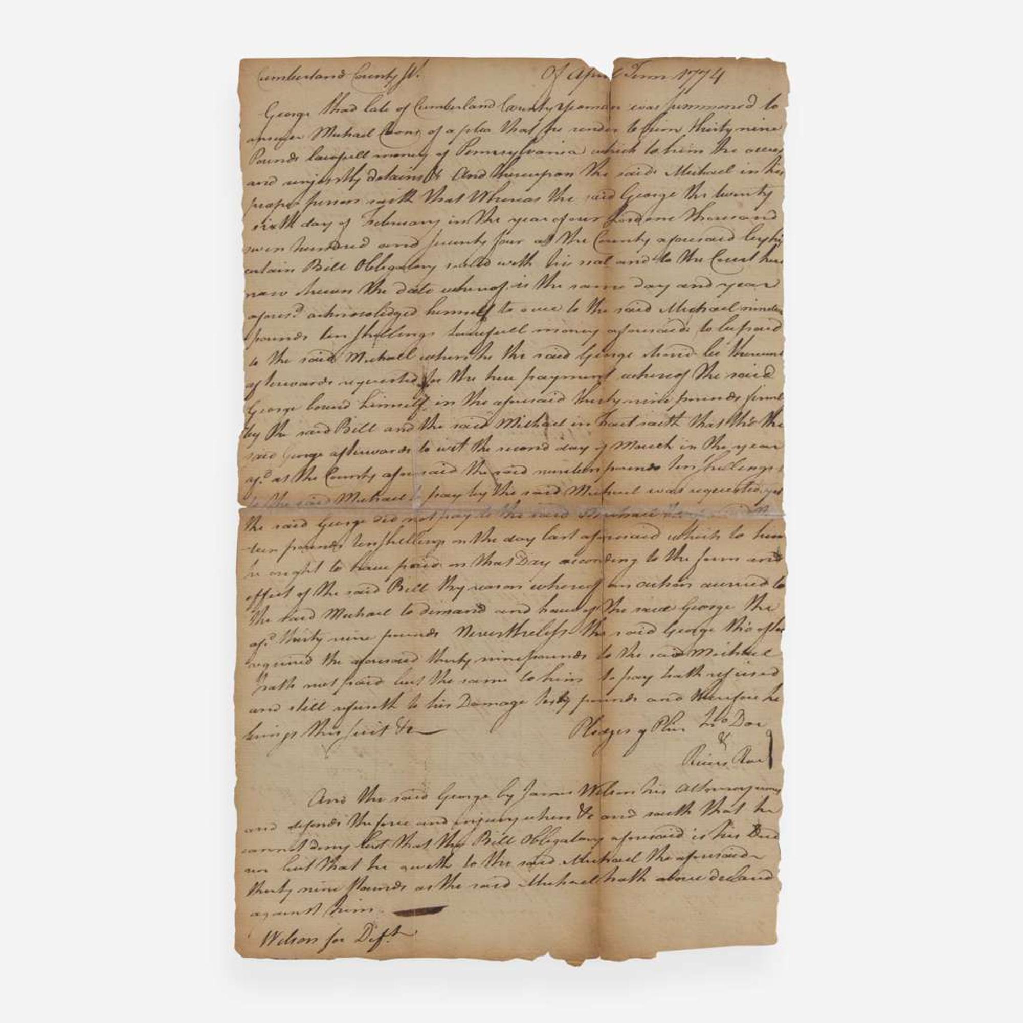 [Declaration of Independence] [Pennsylvania] Wilson, James Manuscript Document, signed