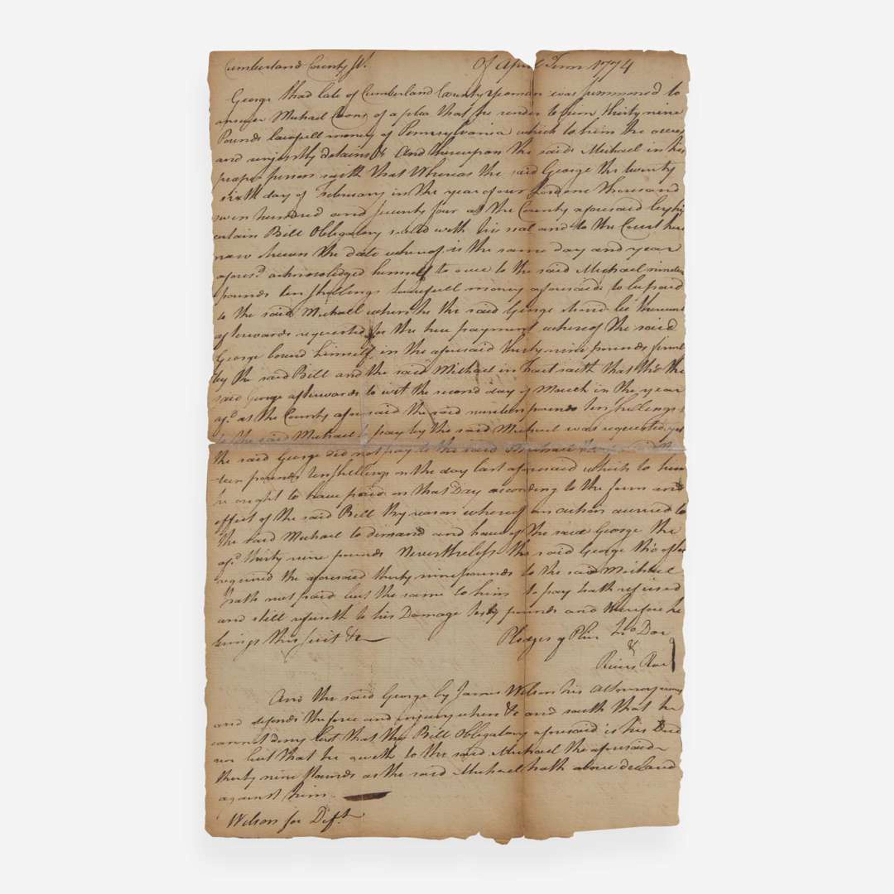 [Declaration of Independence] [Pennsylvania] Wilson, James Manuscript Document, signed