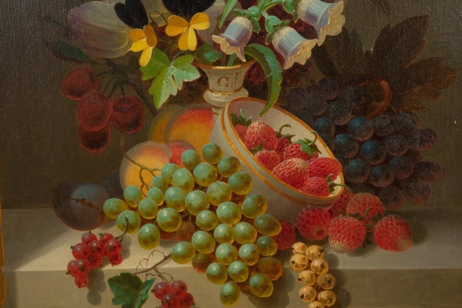 Still Life with Fruit and Flowers on a Marble Ledge , 1868
