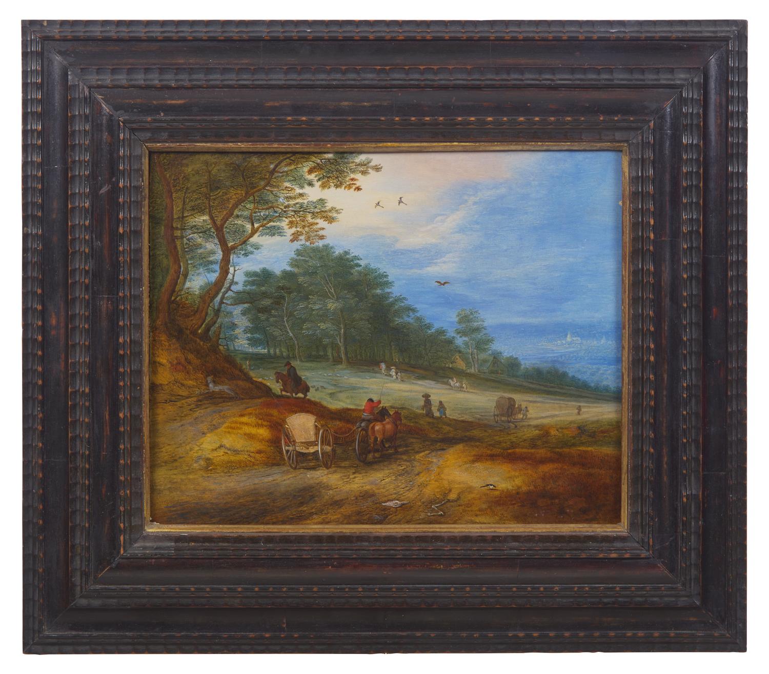 A Wooded Landscape with Horse-Drawn Wagons