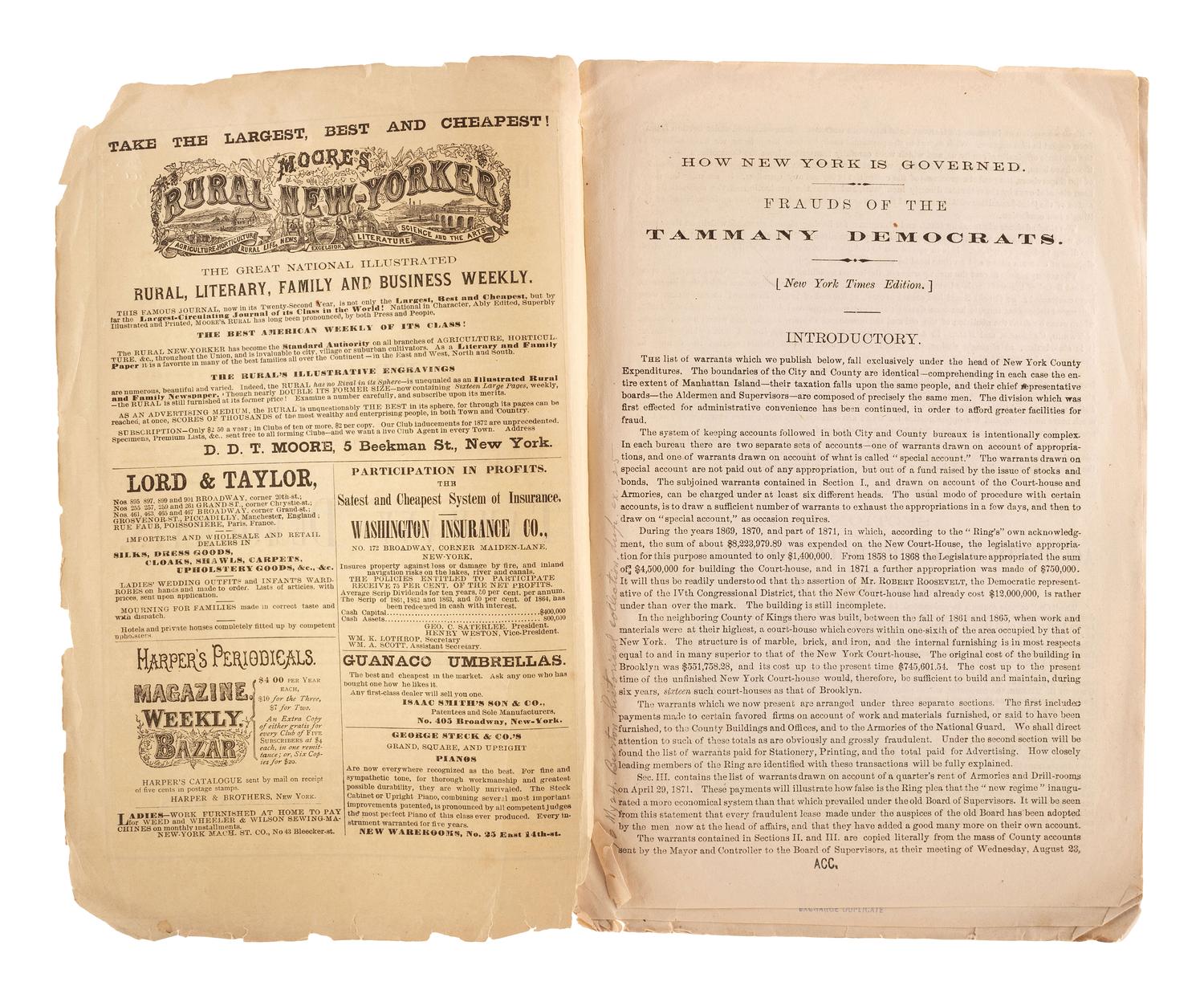 [NEW YORK]. Ephemera related to the state of New York highlighted by a rare copy of an 1871 New York Times investigative report on Boss William M. Tweed and the Tammany Democrats.