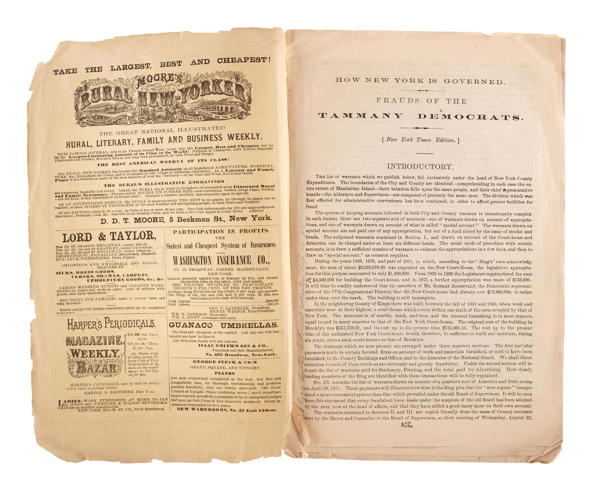 [NEW YORK]. Ephemera related to the state of New York highlighted by a rare copy of an 1871 New York Times investigative report on Boss William M. Tweed and the Tammany Democrats.