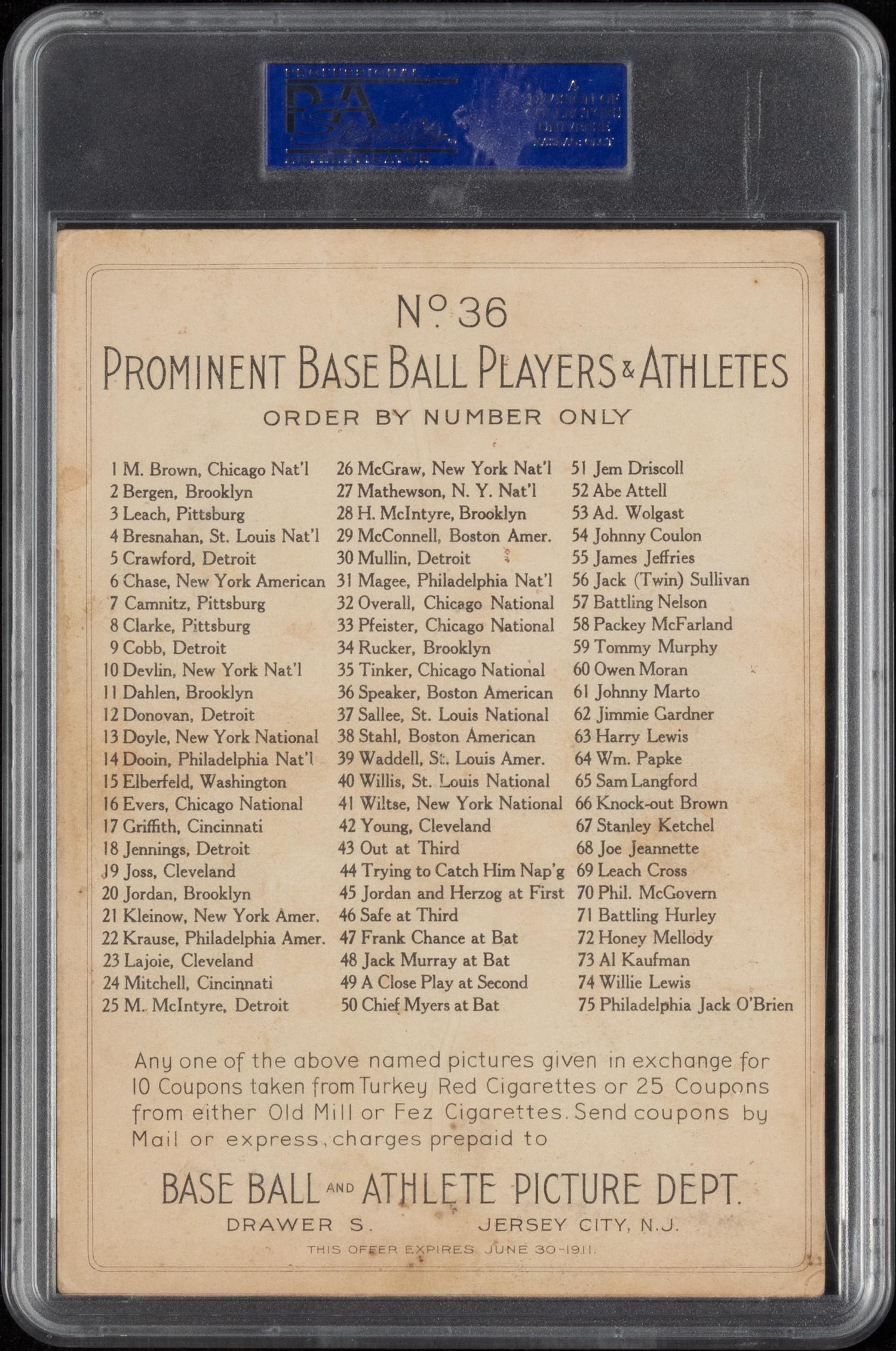 A 1911 T3 Turkey Red Cabinets Tris Speaker Baseball Card (PSA 3 VG) Checklist Back