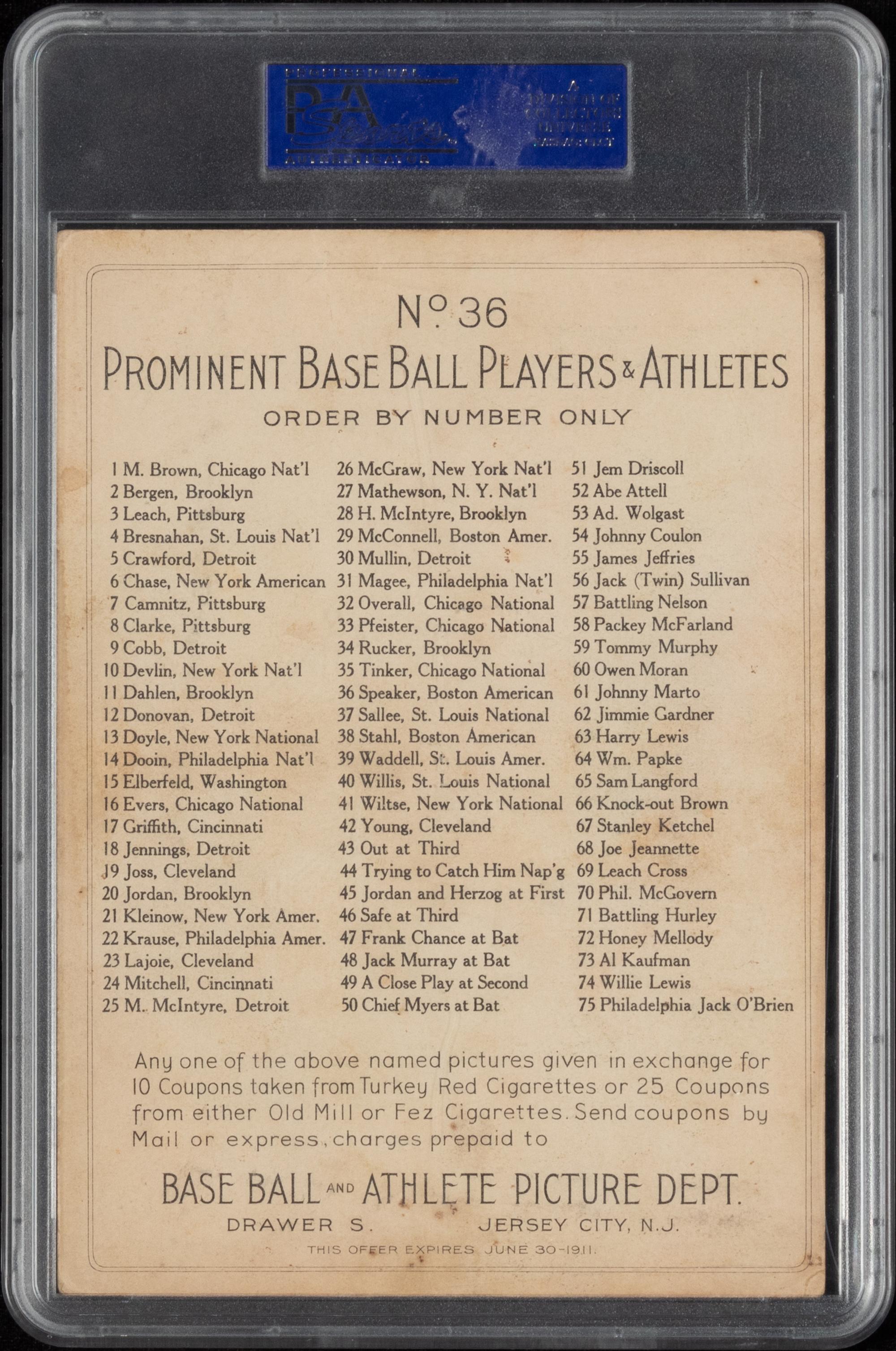 A 1911 T3 Turkey Red Cabinets Tris Speaker Baseball Card (PSA 3 VG) Checklist Back