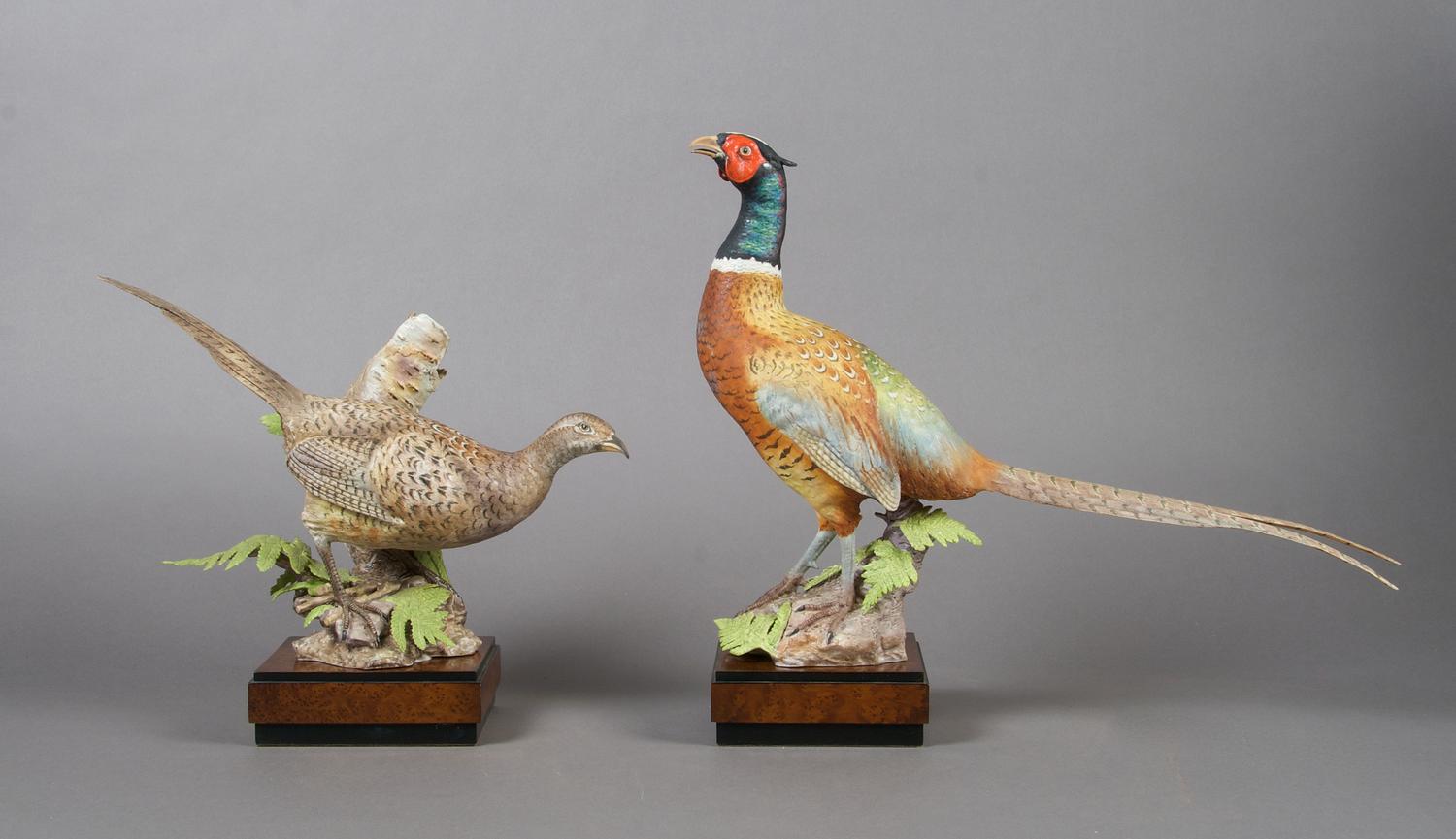 A Pair of Royal Worcester Birds, Ringed Neck Pheasant, Height 13 inches.