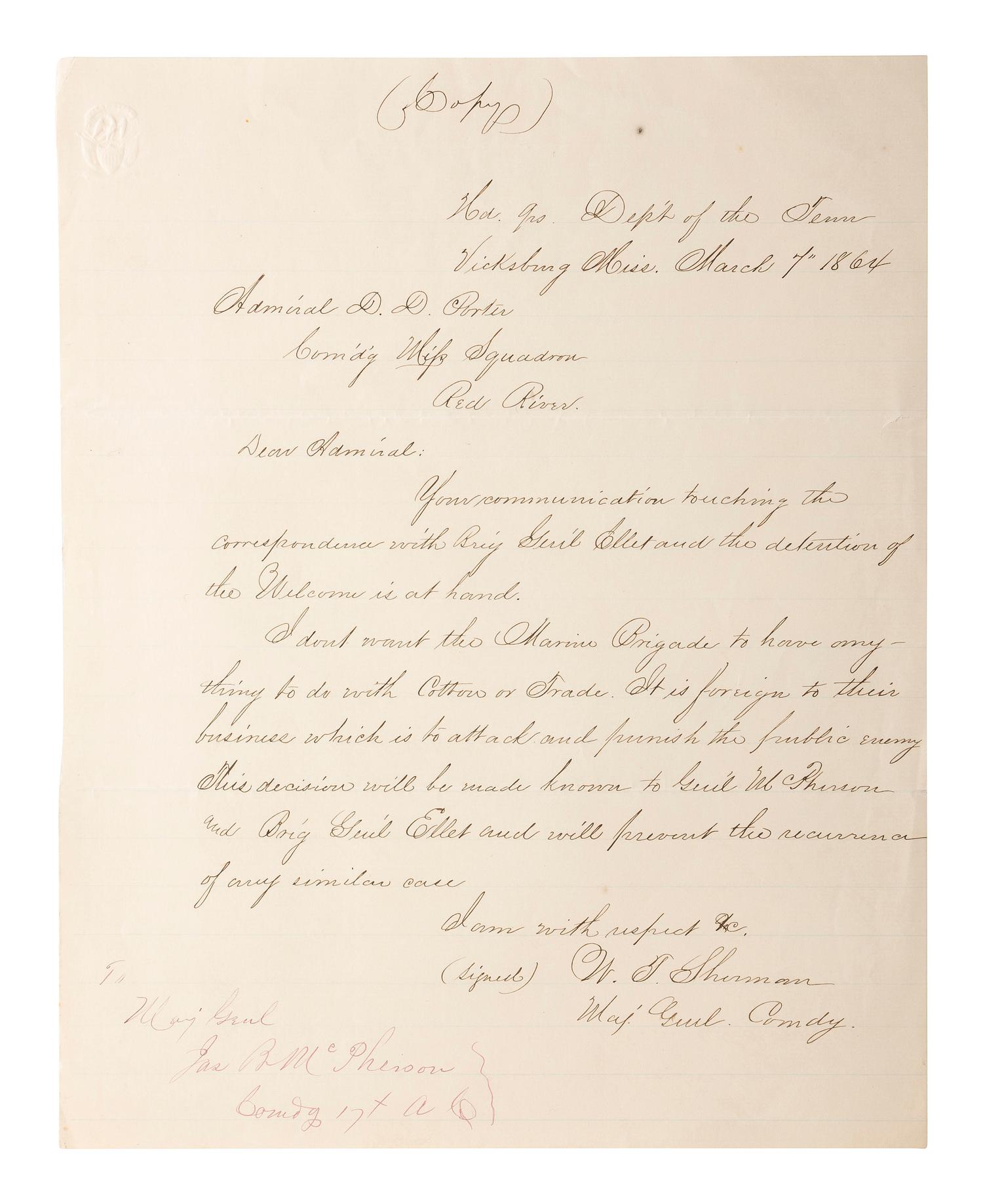 [CIVIL WAR]. Autographs from Civil War soldiers incl. Generals SHERMAN, MCCLELLAN, and BUTLER.