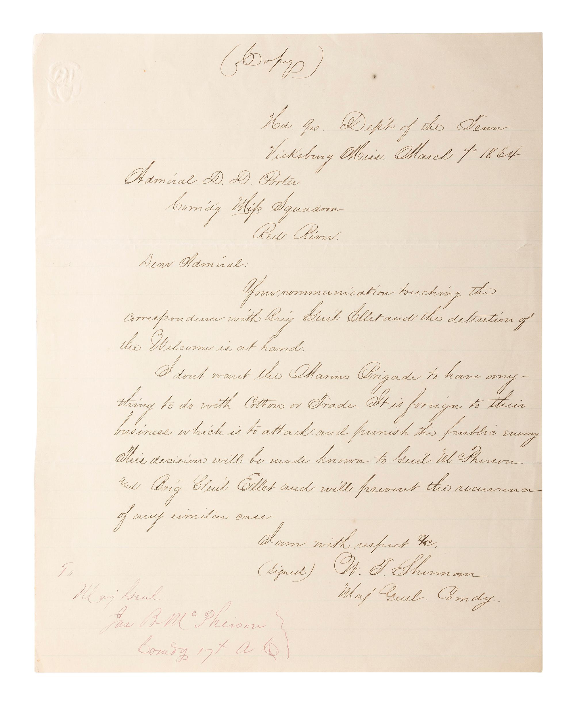 [CIVIL WAR]. Autographs from Civil War soldiers incl. Generals SHERMAN, MCCLELLAN, and BUTLER.